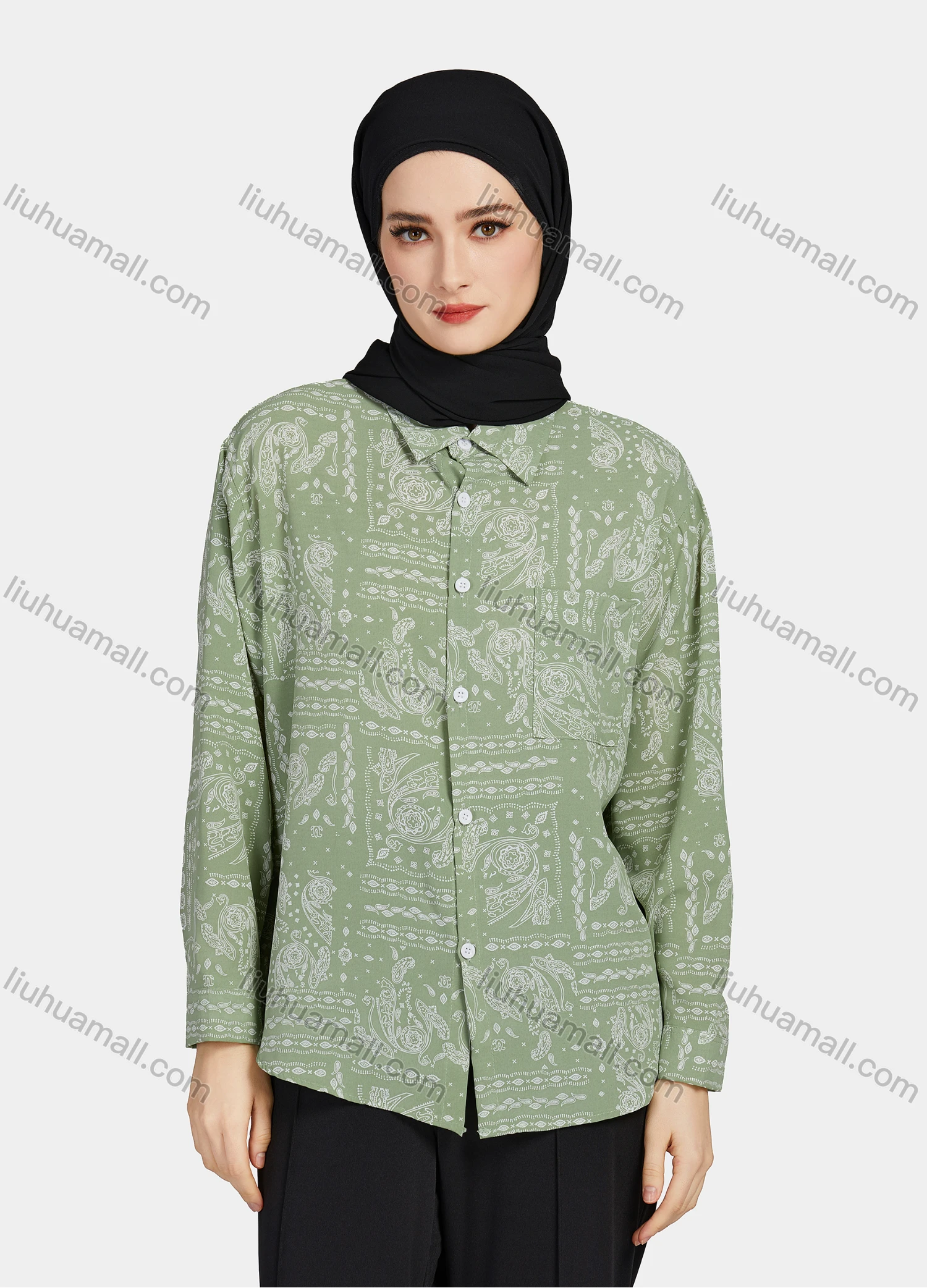 Wholesale Women's Casual Allover Paisley Print Patch Pockets Long Sleeve Button Down Shirt 1293# - Liuhuamall