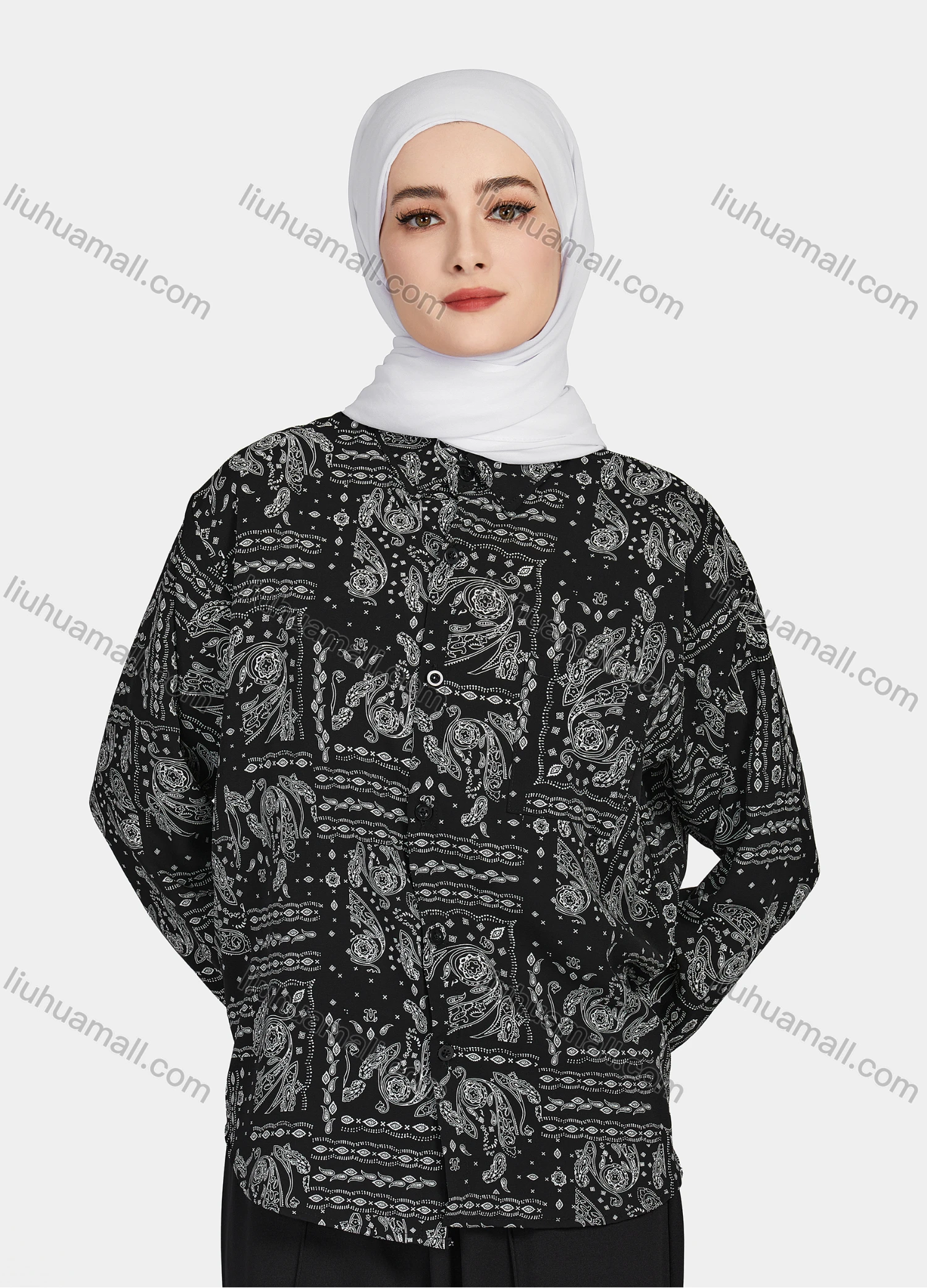 Wholesale Women's Casual Allover Paisley Print Patch Pockets Long Sleeve Button Down Shirt 1293# - Liuhuamall