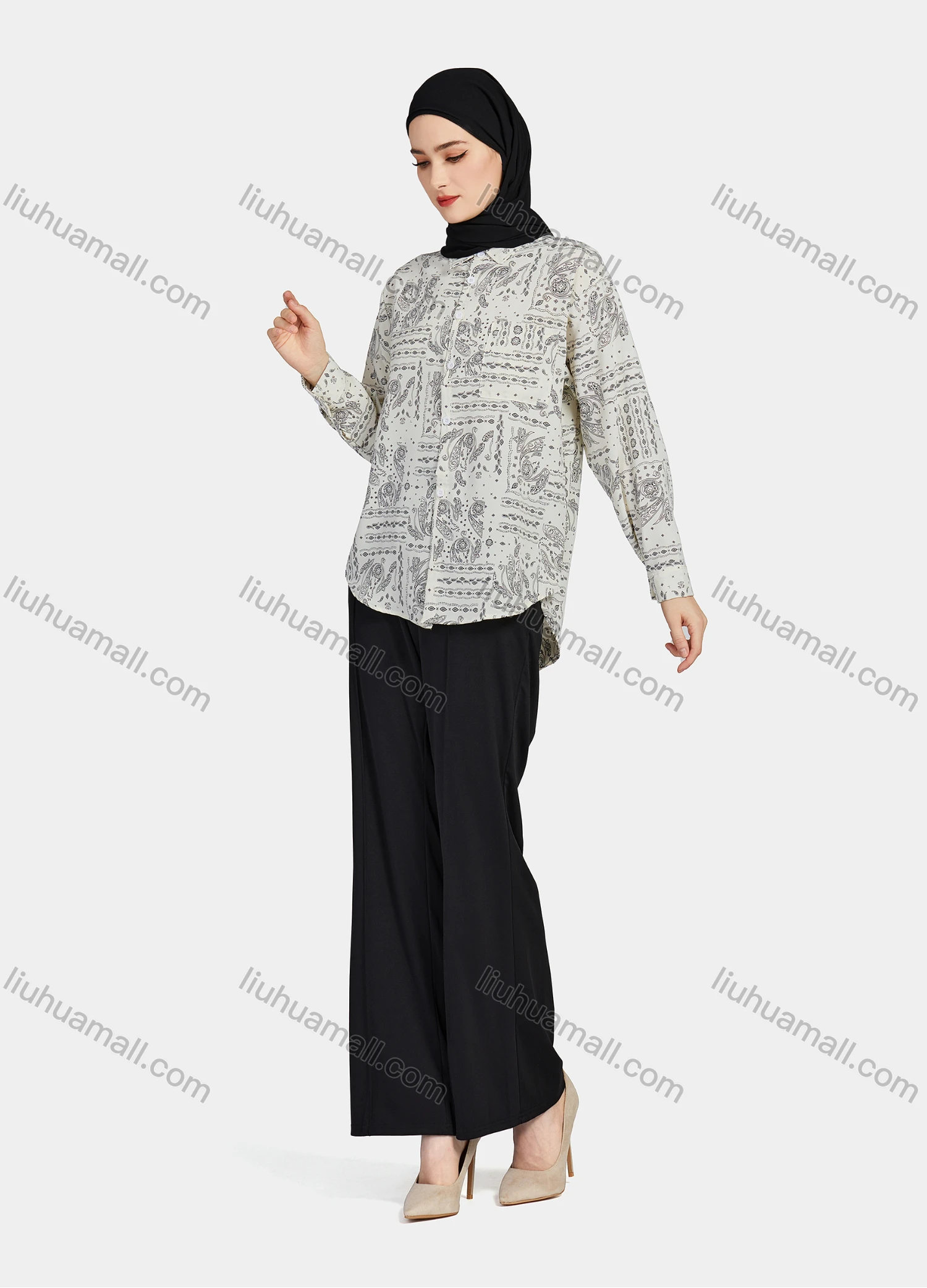 Wholesale Women's Casual Allover Paisley Print Patch Pockets Long Sleeve Button Down Shirt 1293# - Liuhuamall