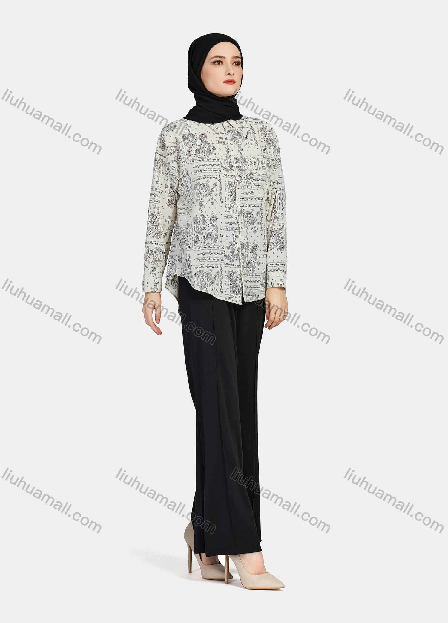 Wholesale Women's Casual Allover Paisley Print Patch Pockets Long Sleeve Button Down Shirt 1293# - Liuhuamall