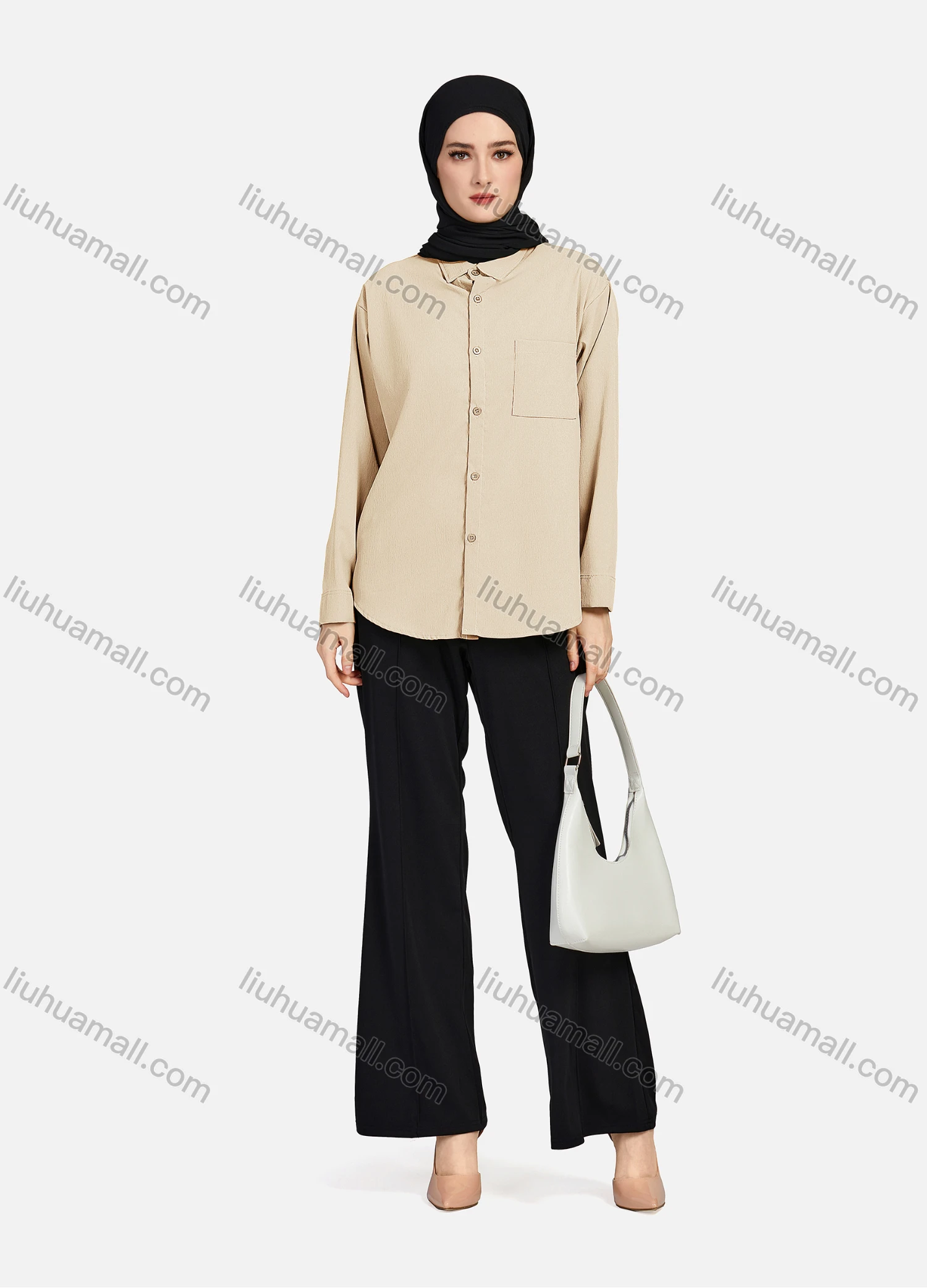 Wholesale Women's Casual Plain Patch Pockets Long Sleeve Curved Hem Button Down Shirt 1294# - Liuhuamall