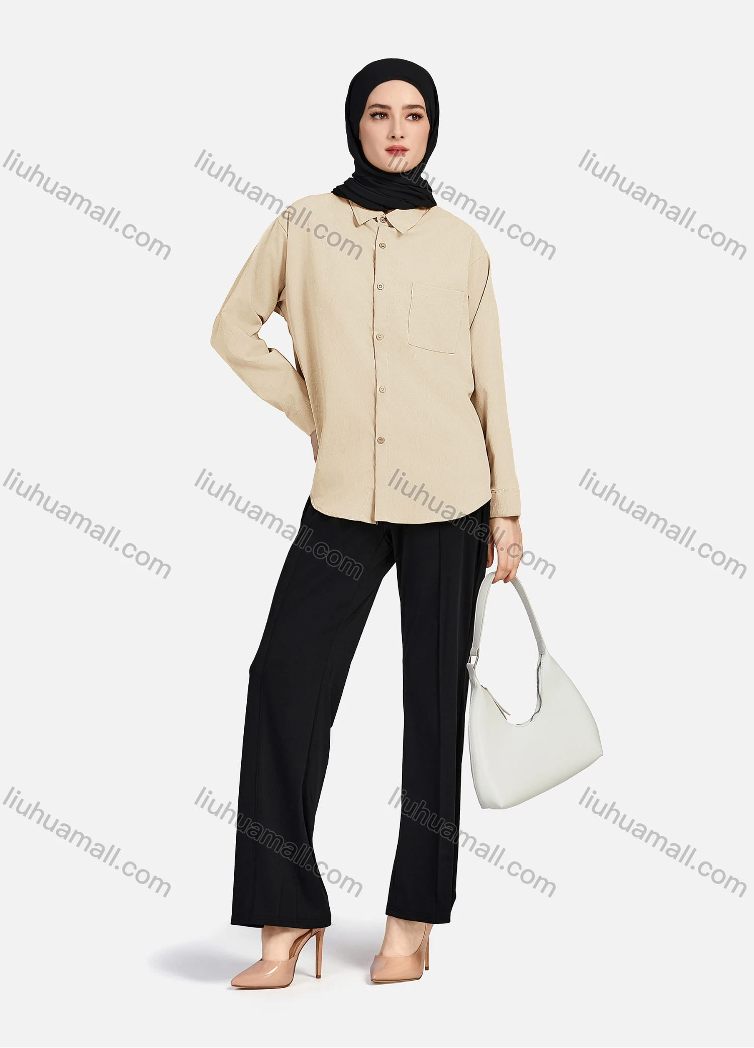 Wholesale Women's Casual Plain Patch Pockets Long Sleeve Curved Hem Button Down Shirt 1294# - Liuhuamall