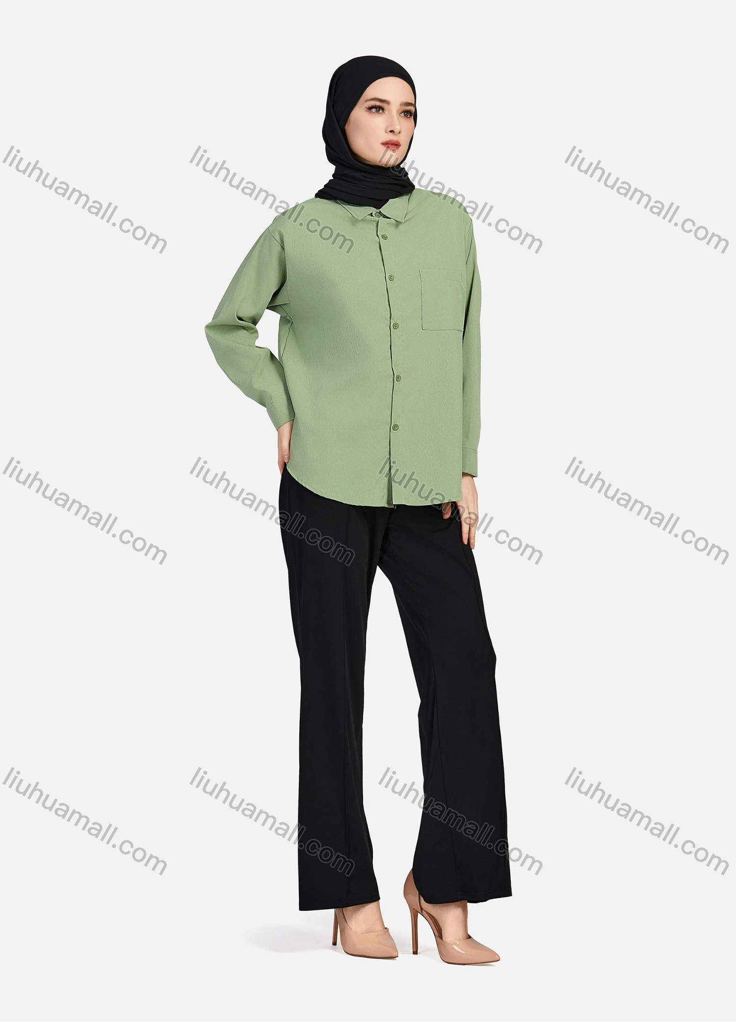 Wholesale Women's Casual Plain Patch Pockets Long Sleeve Curved Hem Button Down Shirt 1294# - Liuhuamall