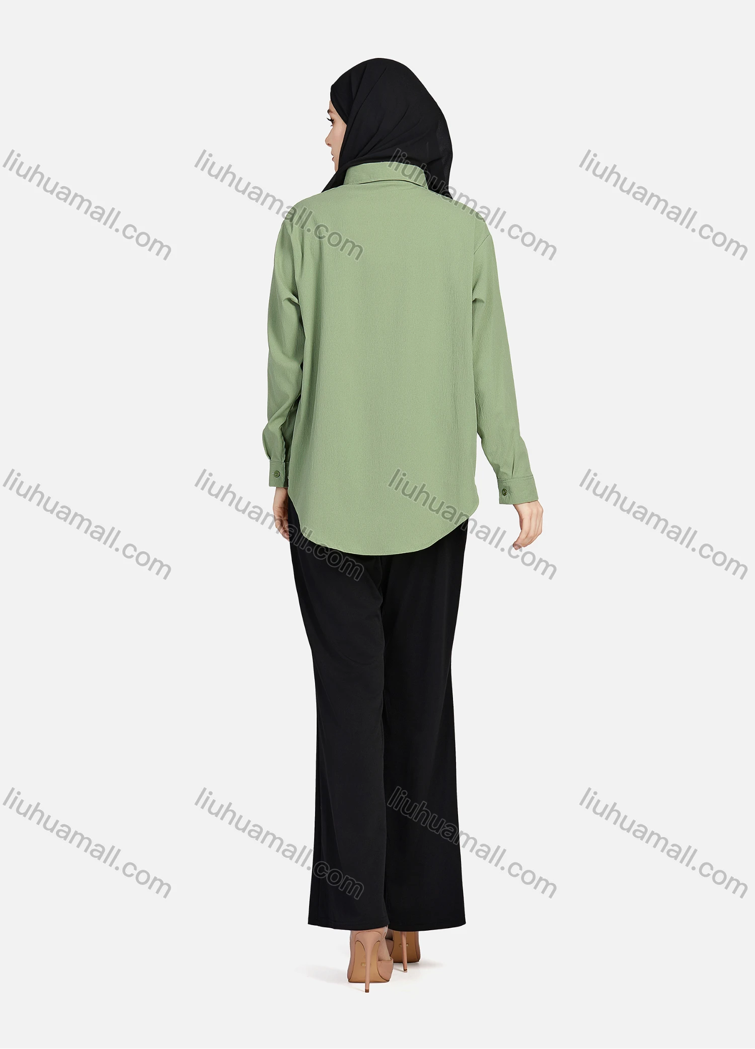 Wholesale Women's Casual Plain Patch Pockets Long Sleeve Curved Hem Button Down Shirt 1294# - Liuhuamall