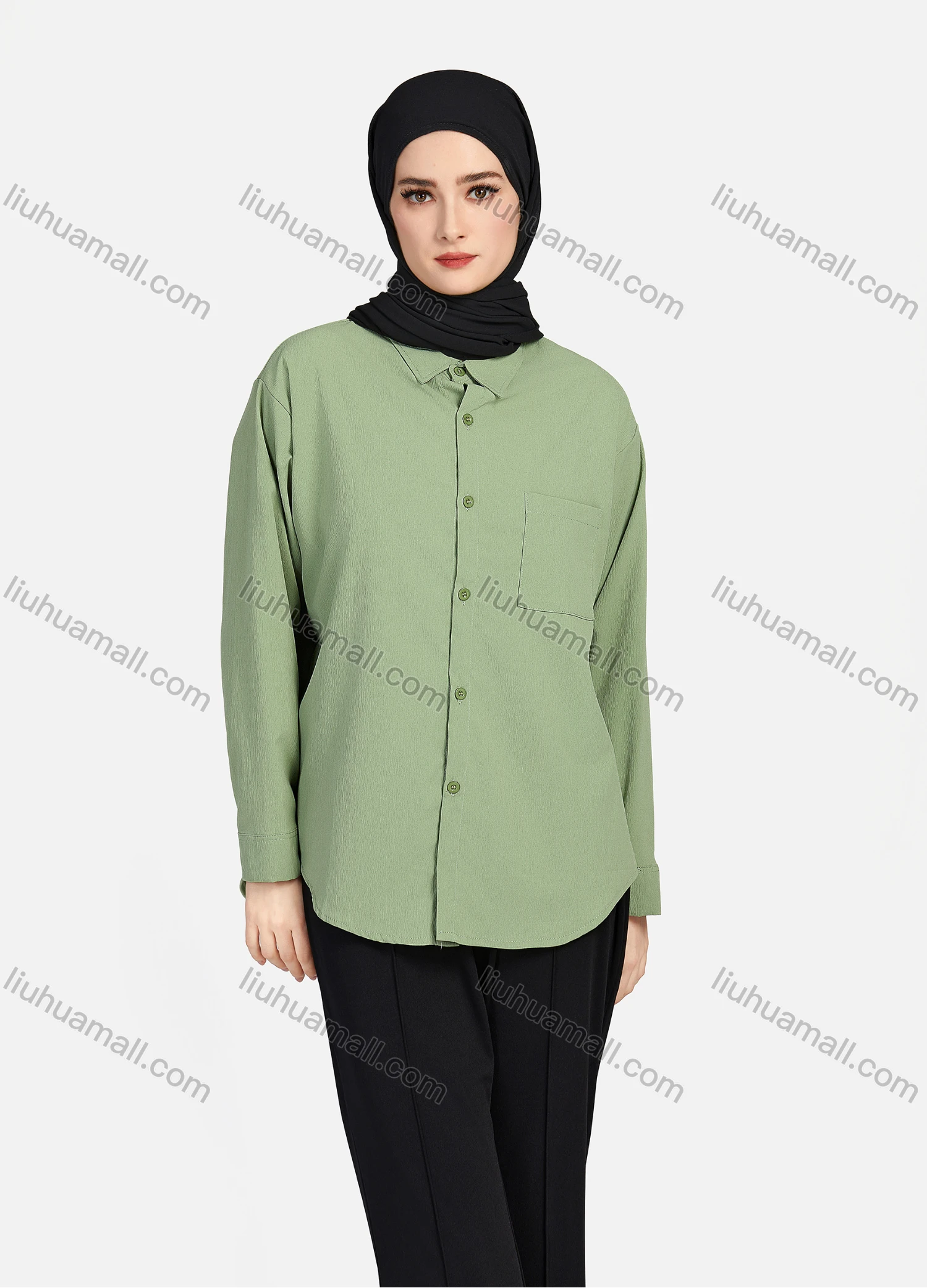 Wholesale Women's Casual Plain Patch Pockets Long Sleeve Curved Hem Button Down Shirt 1294# - Liuhuamall