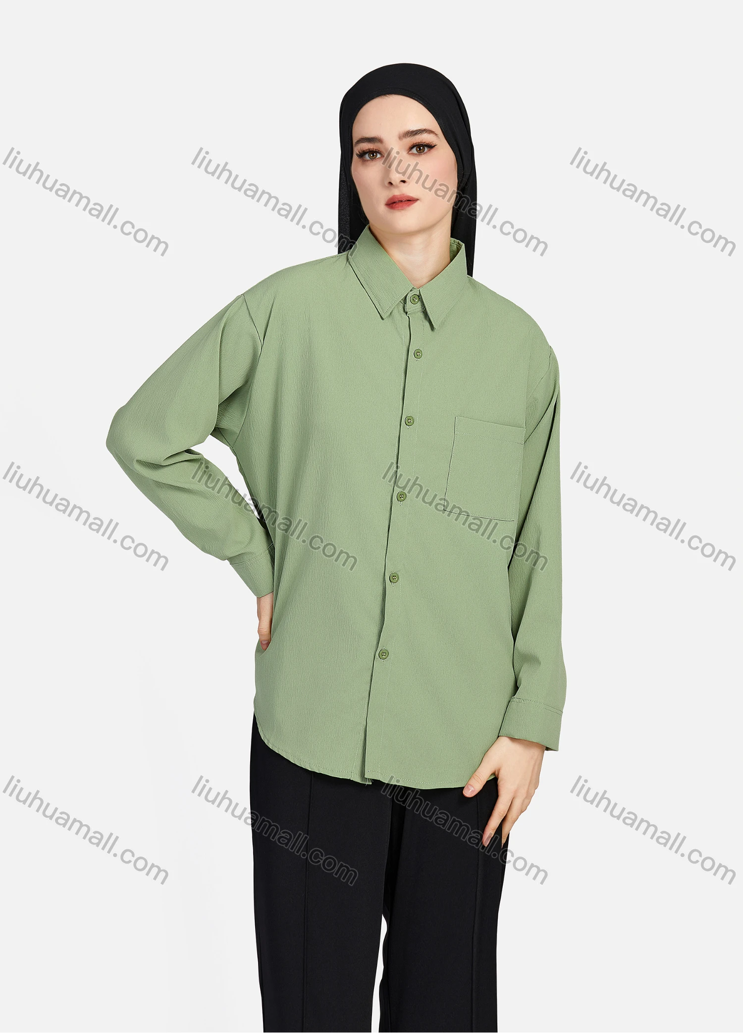 Wholesale Women's Casual Plain Patch Pockets Long Sleeve Curved Hem Button Down Shirt 1294# - Liuhuamall
