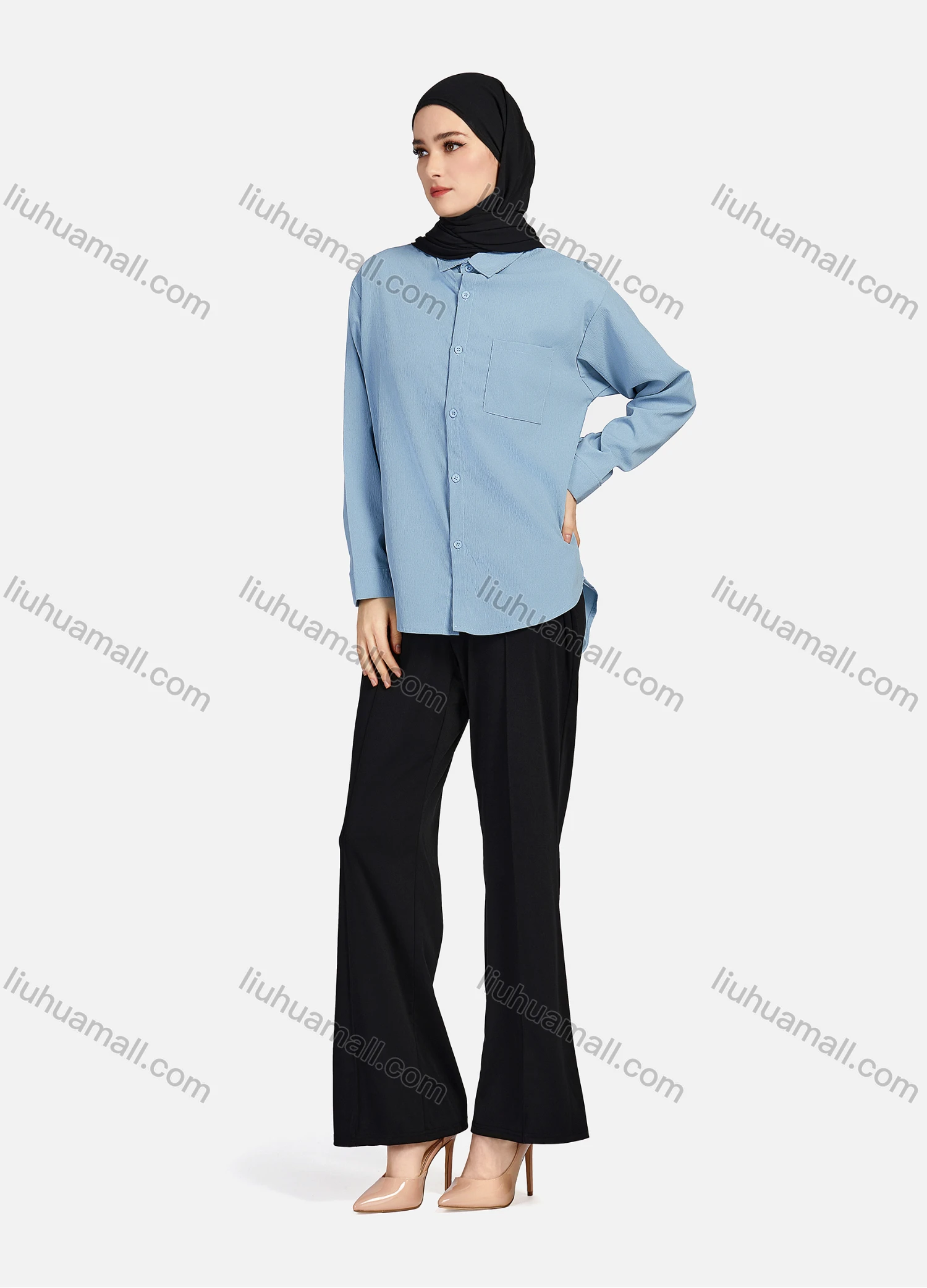 Wholesale Women's Casual Plain Patch Pockets Long Sleeve Curved Hem Button Down Shirt 1294# - Liuhuamall