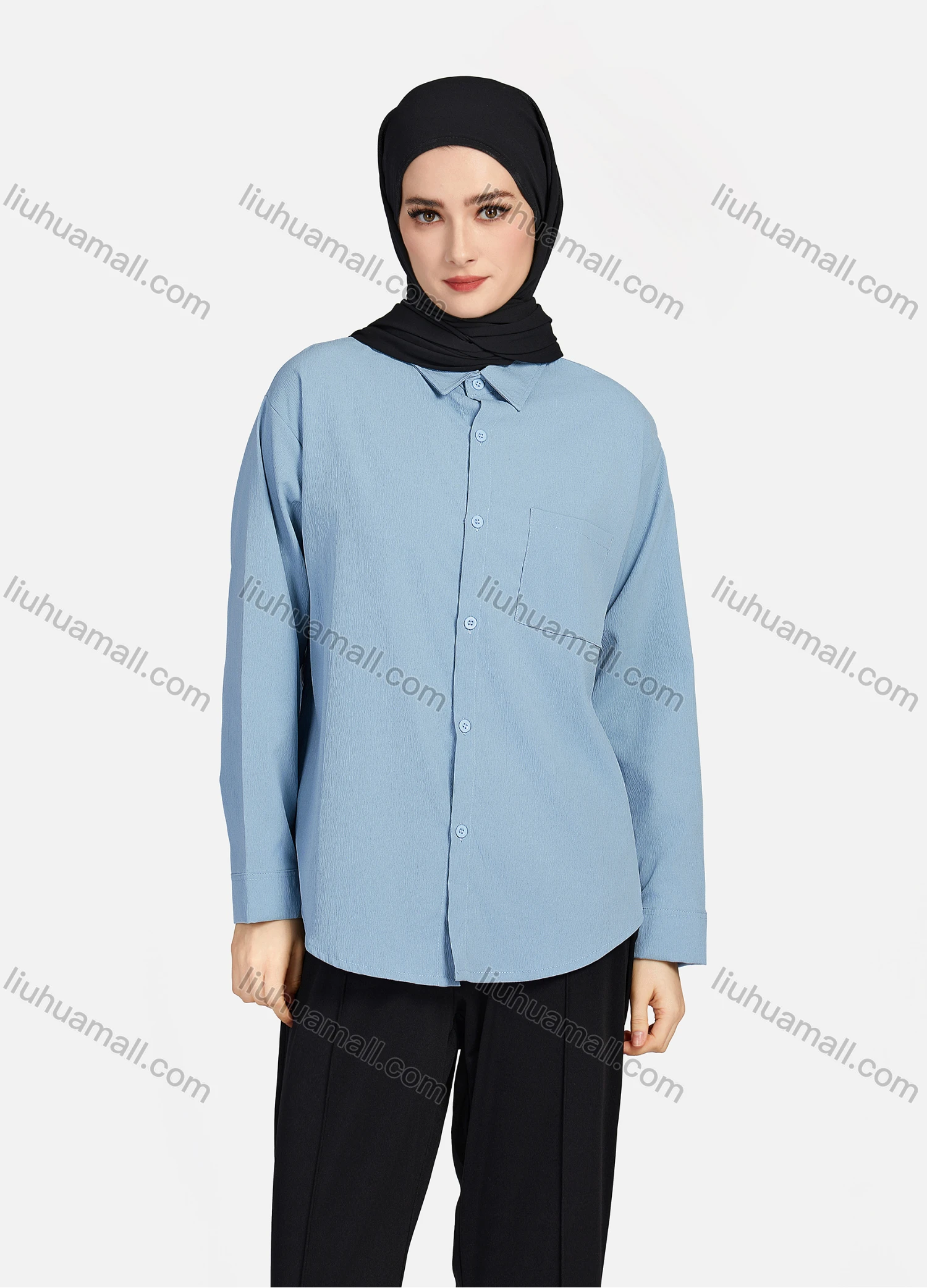 Wholesale Women's Casual Plain Patch Pockets Long Sleeve Curved Hem Button Down Shirt 1294# - Liuhuamall