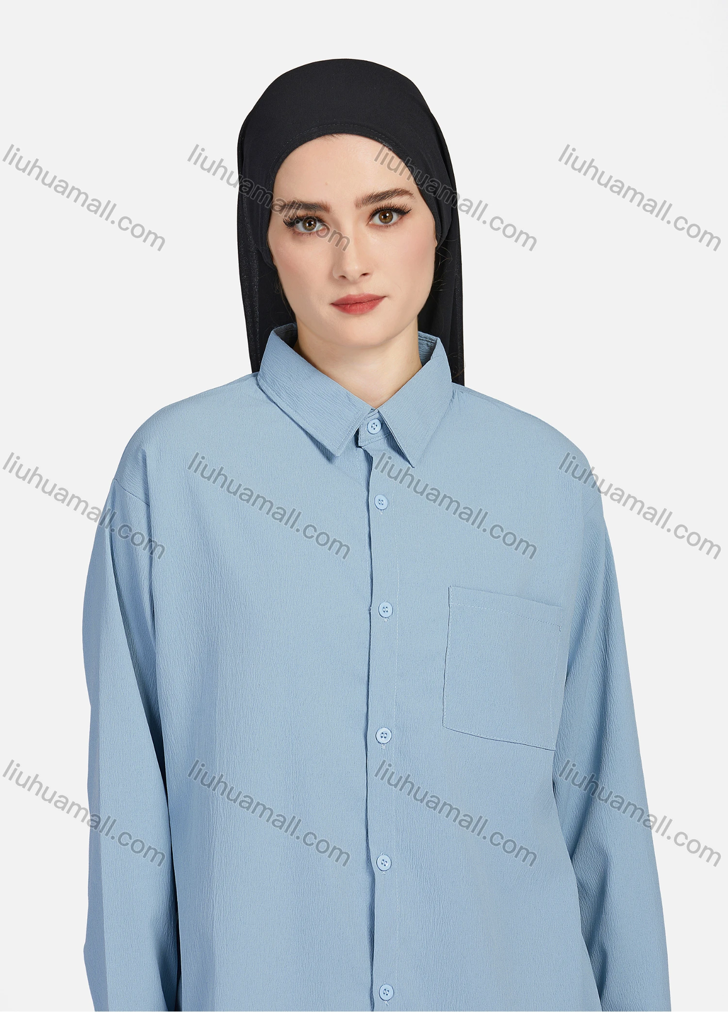 Wholesale Women's Casual Plain Patch Pockets Long Sleeve Curved Hem Button Down Shirt 1294# - Liuhuamall