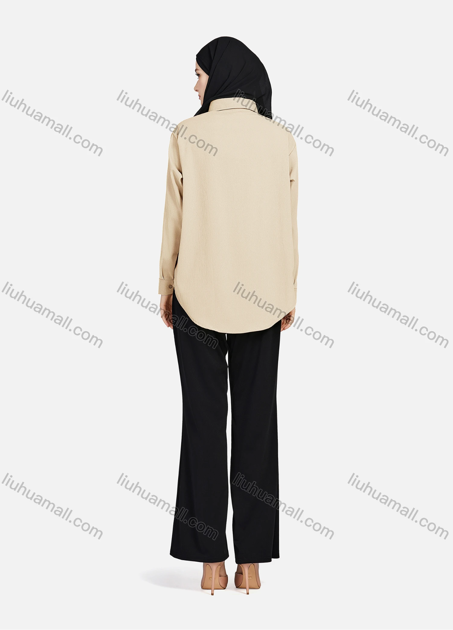 Wholesale Women's Casual Plain Patch Pockets Long Sleeve Curved Hem Button Down Shirt 1294# - Liuhuamall