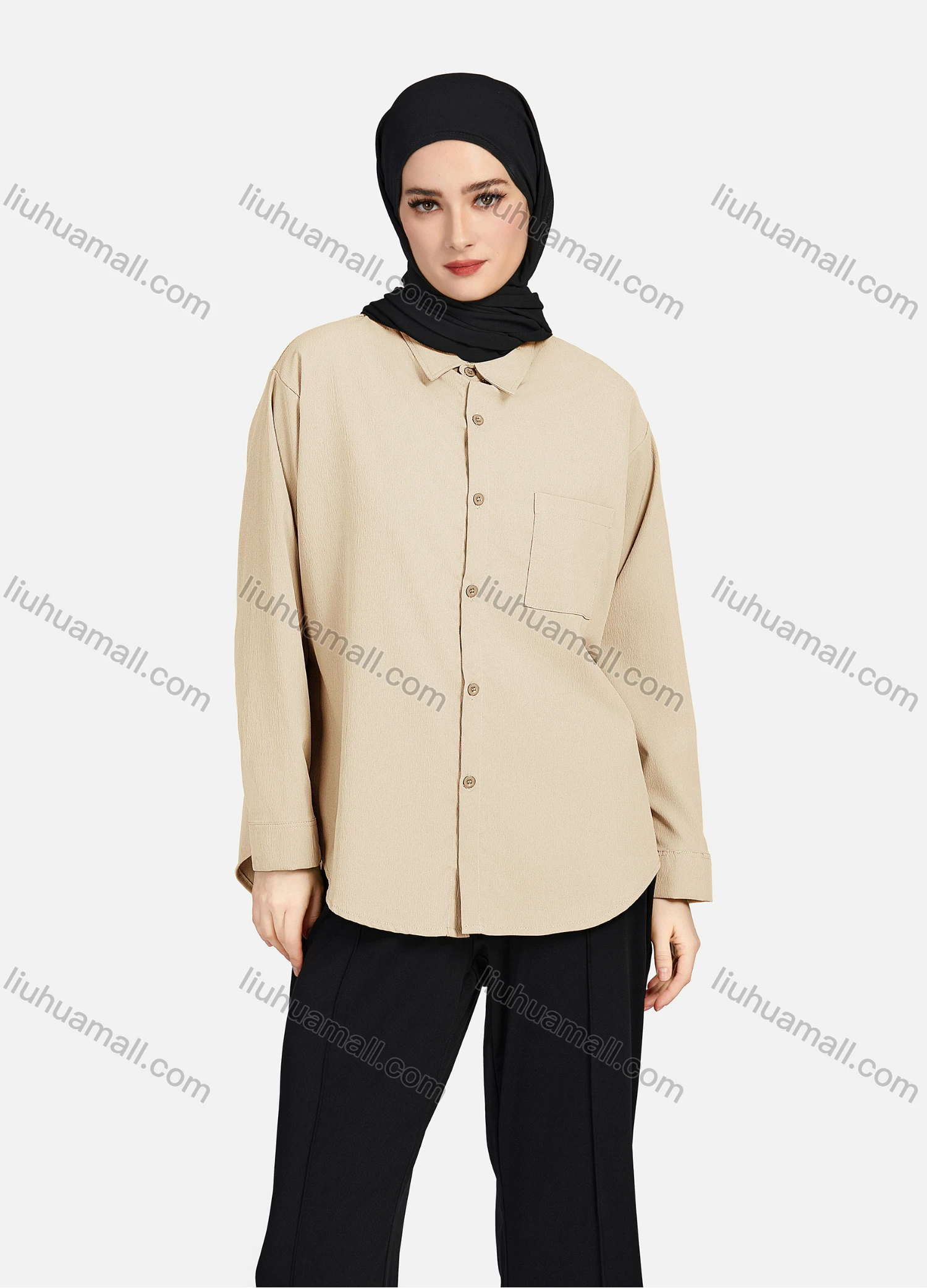 Wholesale Women's Casual Plain Patch Pockets Long Sleeve Curved Hem Button Down Shirt 1294# - Liuhuamall