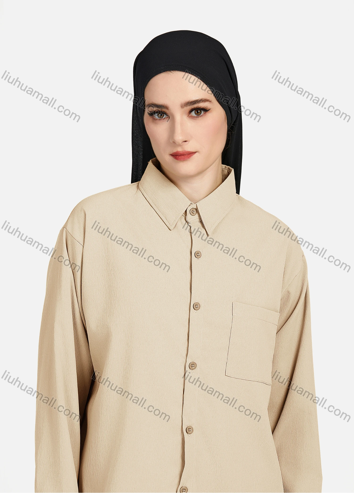 Wholesale Women's Casual Plain Patch Pockets Long Sleeve Curved Hem Button Down Shirt 1294# - Liuhuamall