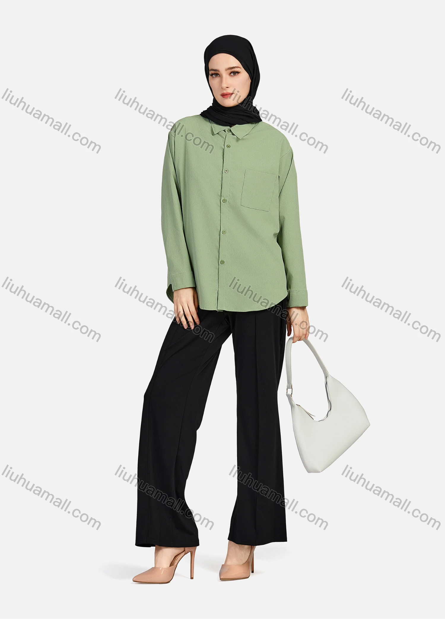 Wholesale Women's Casual Plain Patch Pockets Long Sleeve Curved Hem Button Down Shirt 1294# - Liuhuamall