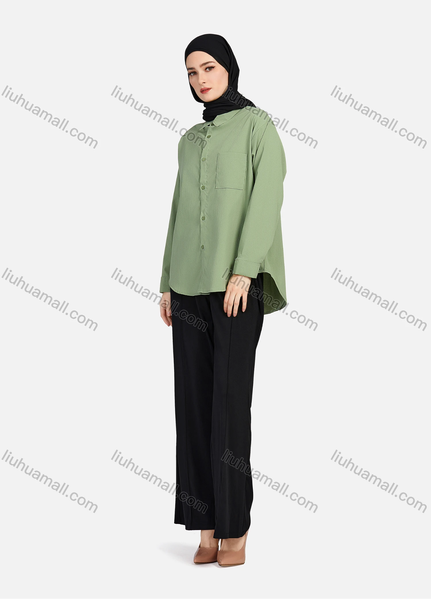 Wholesale Women's Casual Plain Patch Pockets Long Sleeve Curved Hem Button Down Shirt 1294# - Liuhuamall