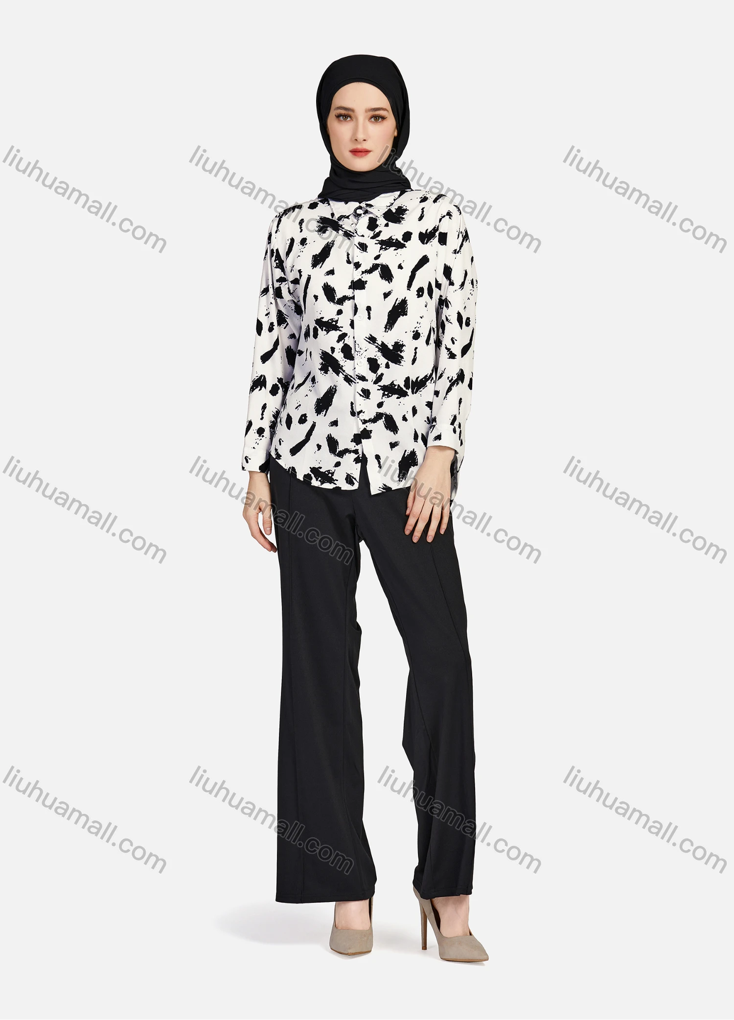Wholesale Women's Casual Allover Ink Print Long Sleeve Curved Hem Button Down Shirt 1295# - Liuhuamall