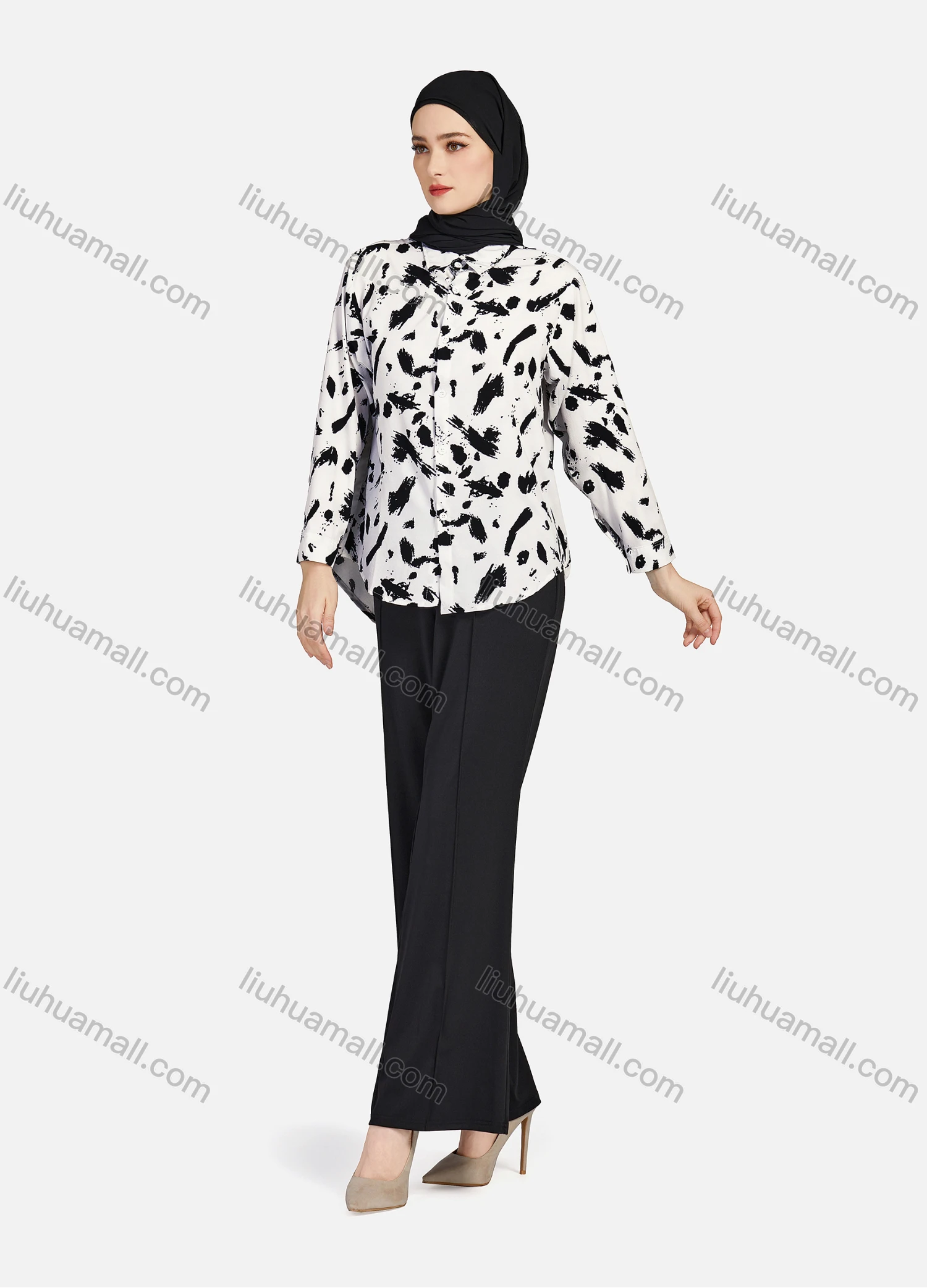 Wholesale Women's Casual Allover Ink Print Long Sleeve Curved Hem Button Down Shirt 1295# - Liuhuamall