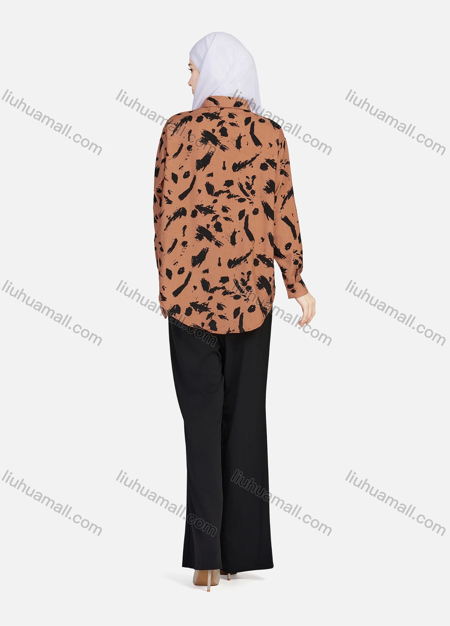Wholesale Women's Casual Allover Ink Print Long Sleeve Curved Hem Button Down Shirt 1295# - Liuhuamall