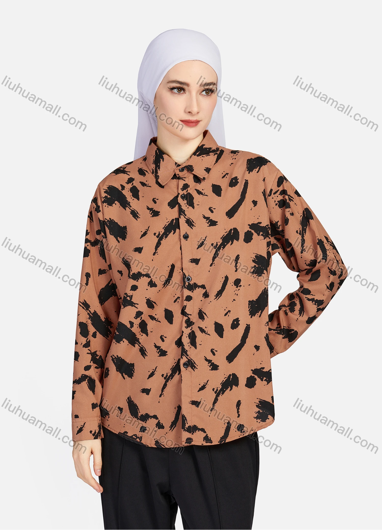 Wholesale Women's Casual Allover Ink Print Long Sleeve Curved Hem Button Down Shirt 1295# - Liuhuamall