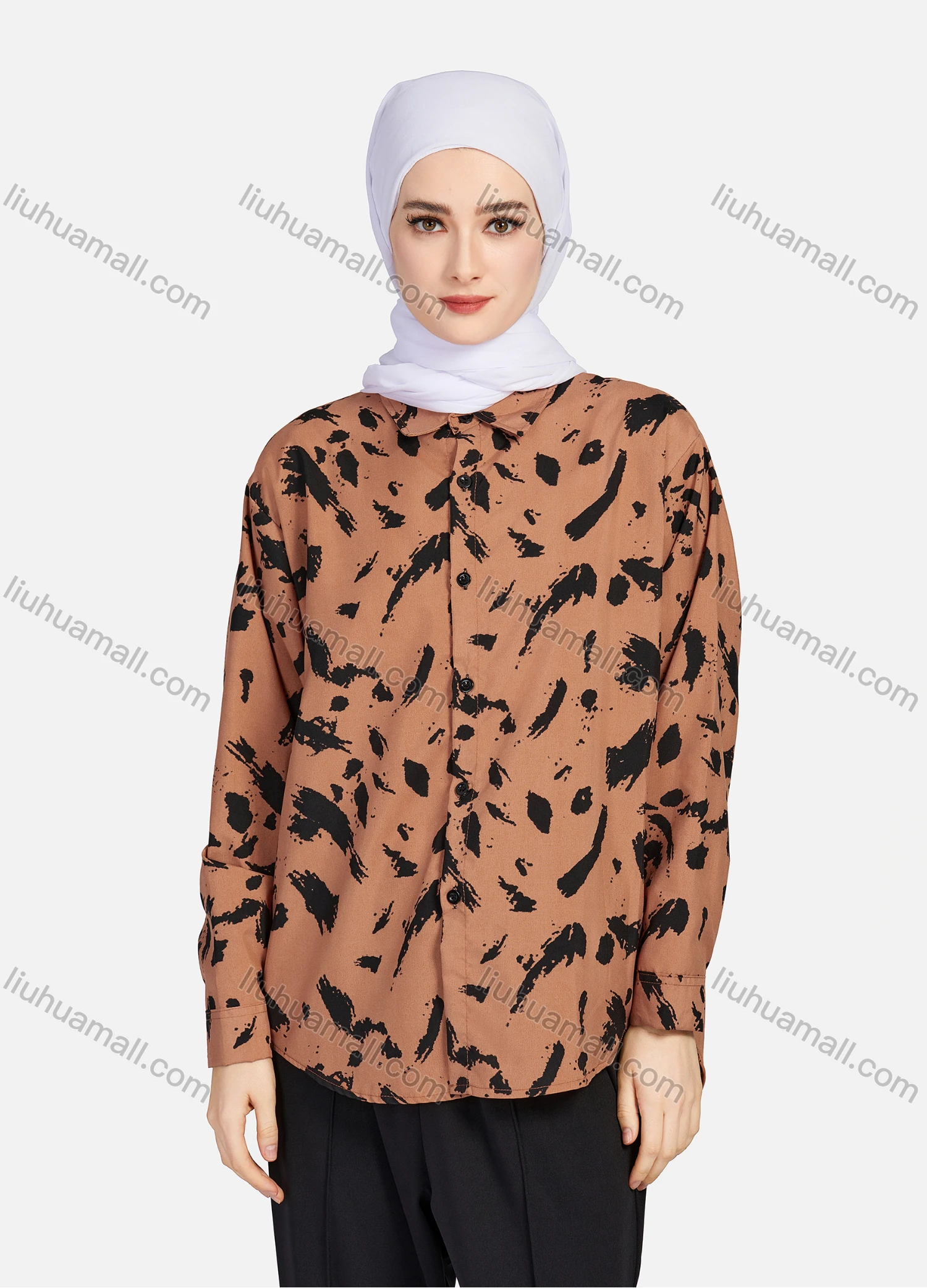 Wholesale Women's Casual Allover Ink Print Long Sleeve Curved Hem Button Down Shirt 1295# - Liuhuamall