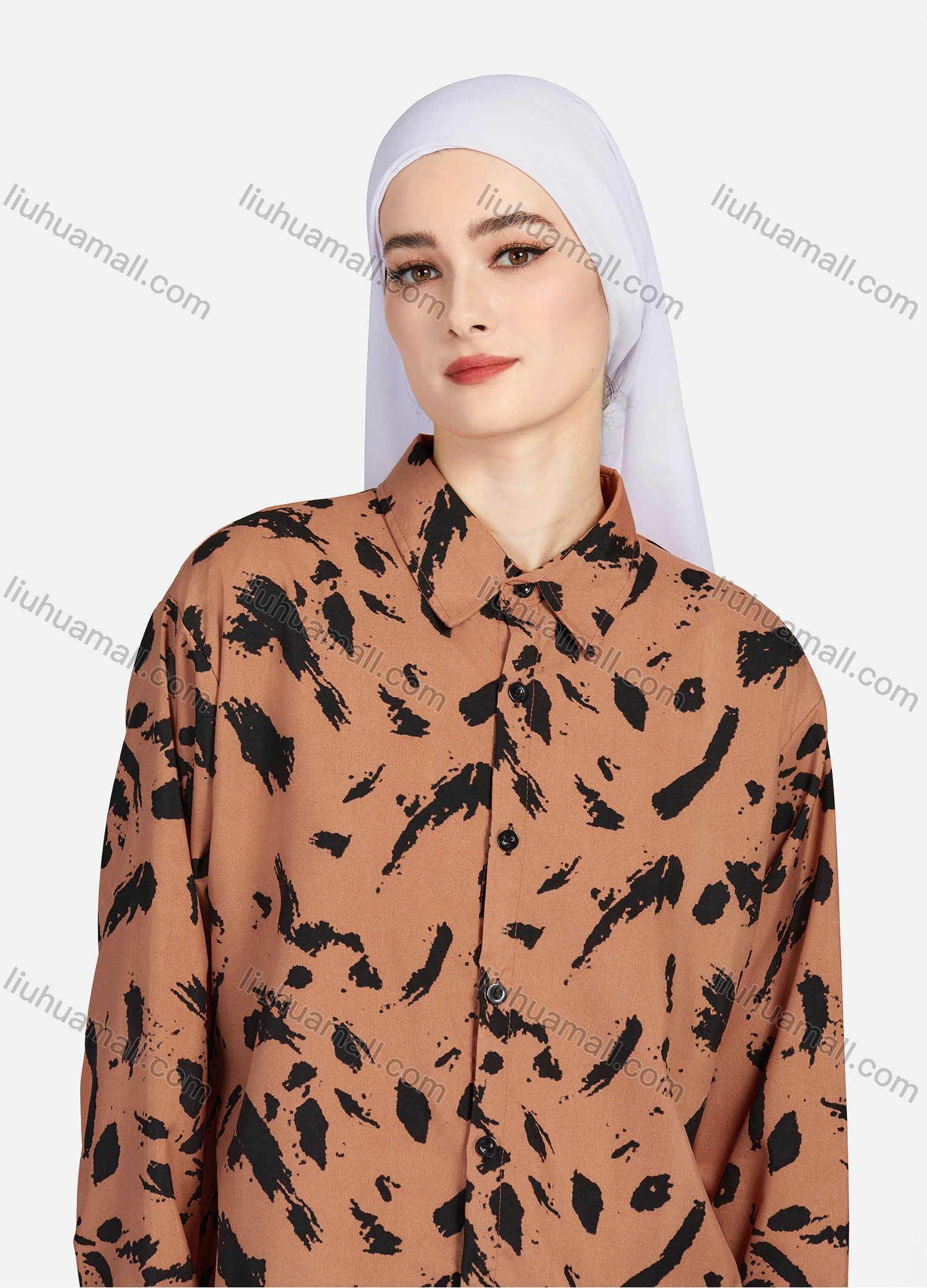 Wholesale Women's Casual Allover Ink Print Long Sleeve Curved Hem Button Down Shirt 1295# - Liuhuamall