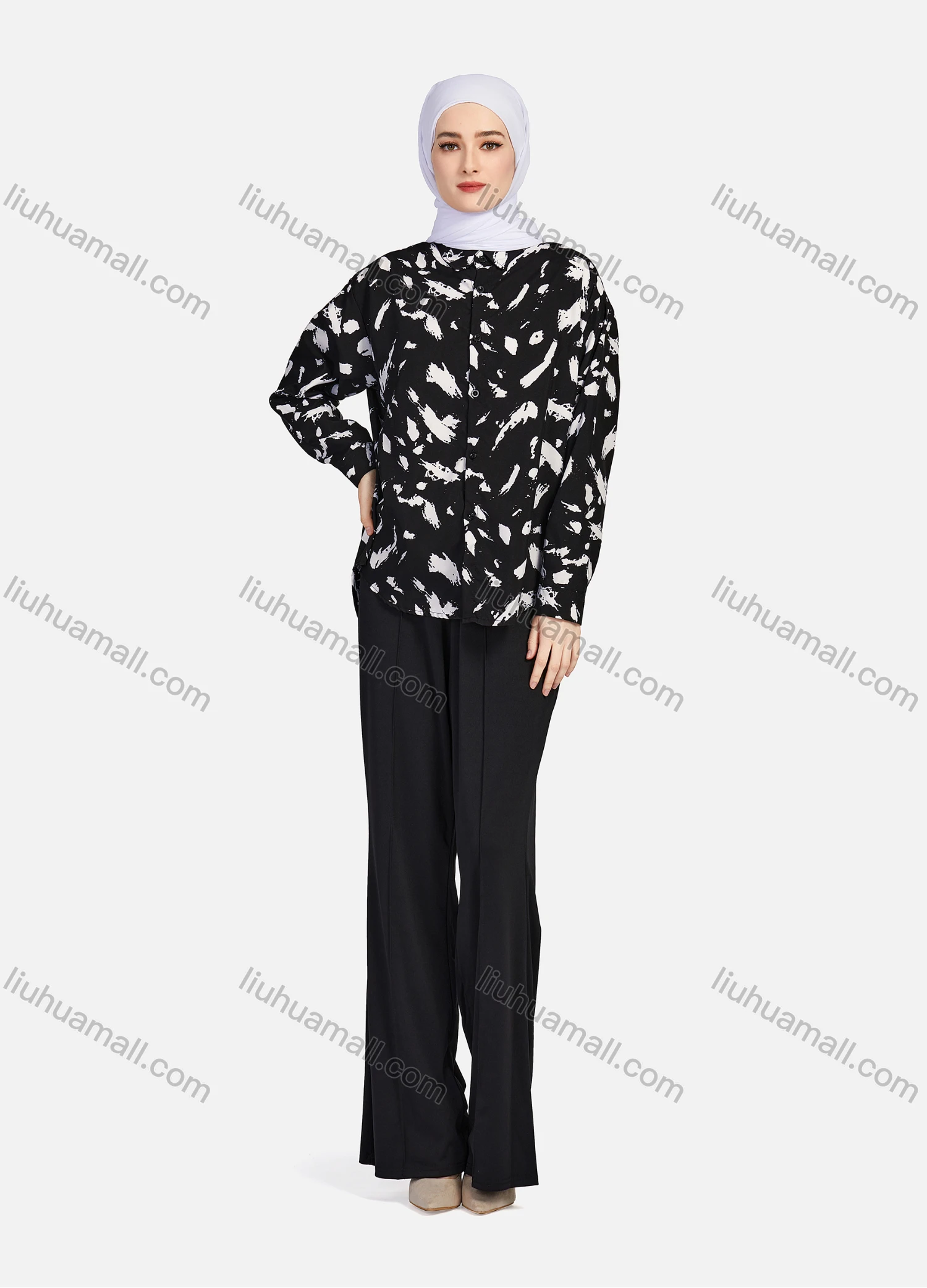 Wholesale Women's Casual Allover Ink Print Long Sleeve Curved Hem Button Down Shirt 1295# - Liuhuamall