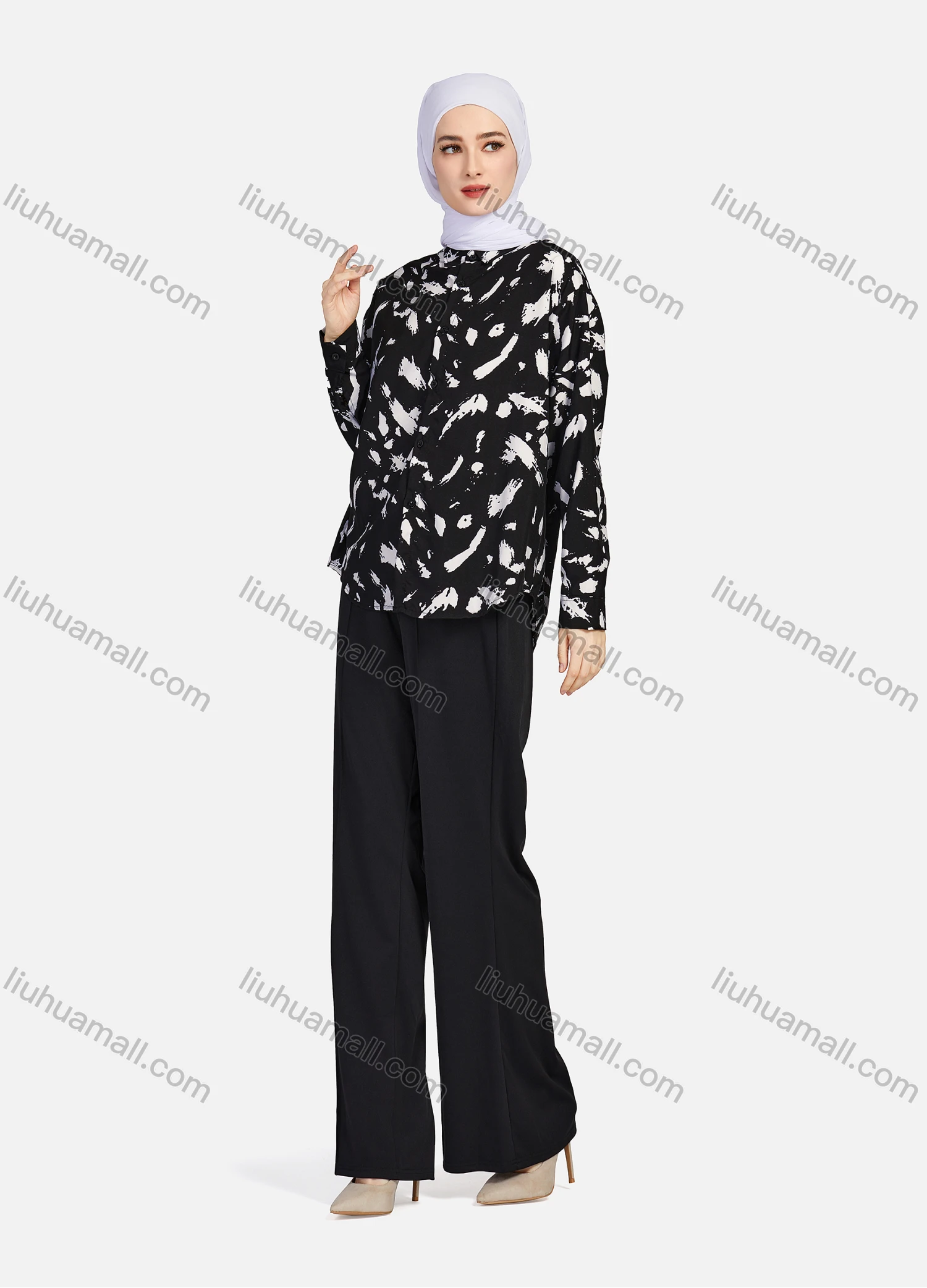 Wholesale Women's Casual Allover Ink Print Long Sleeve Curved Hem Button Down Shirt 1295# - Liuhuamall