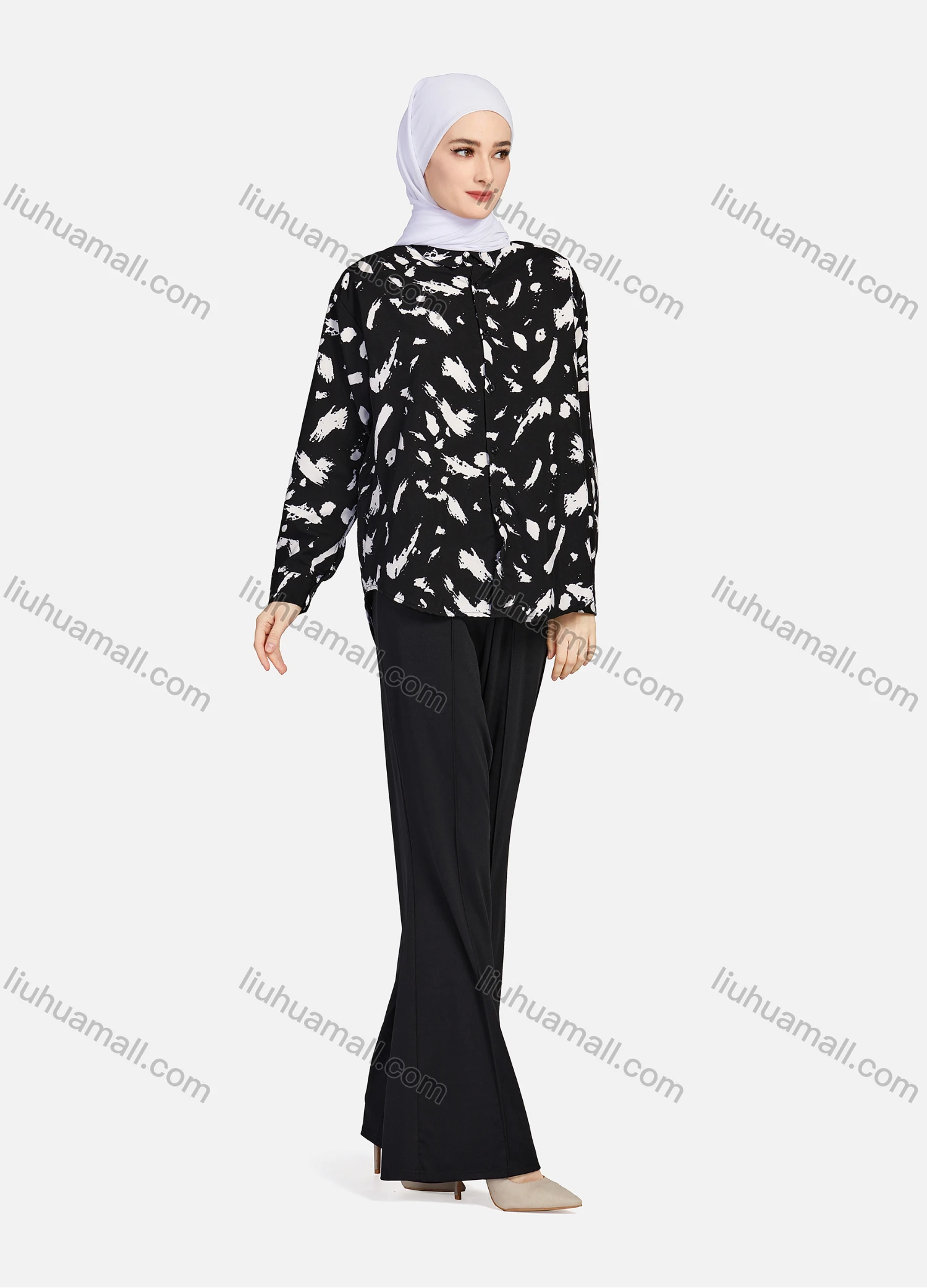 Wholesale Women's Casual Allover Ink Print Long Sleeve Curved Hem Button Down Shirt 1295# - Liuhuamall