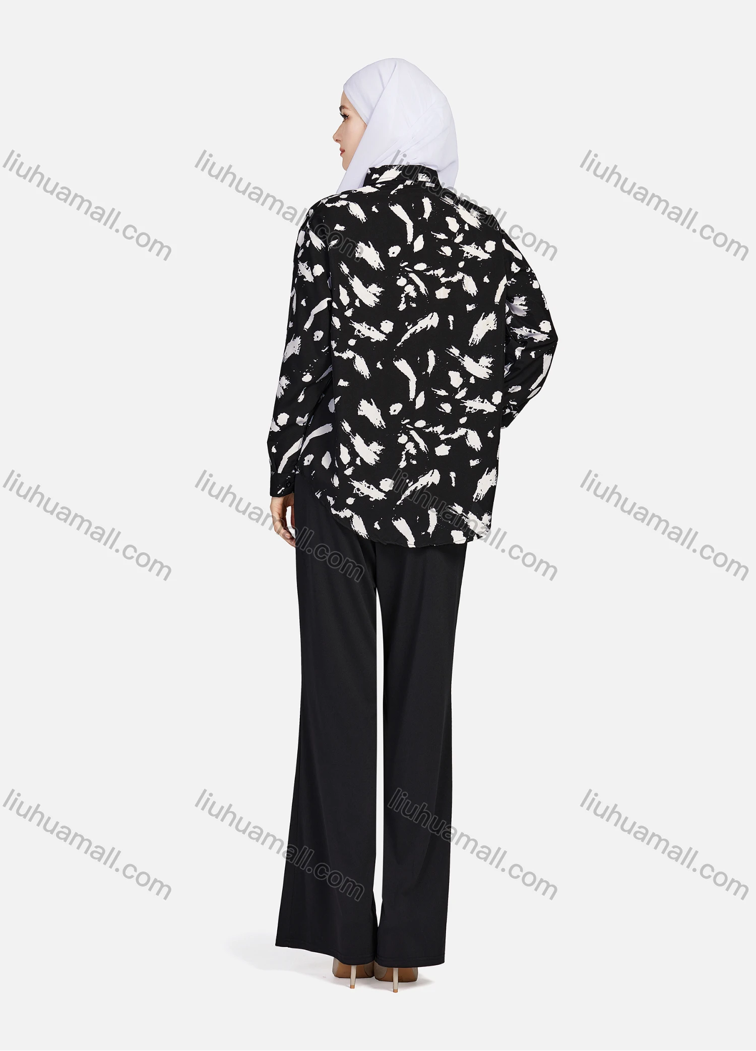 Wholesale Women's Casual Allover Ink Print Long Sleeve Curved Hem Button Down Shirt 1295# - Liuhuamall