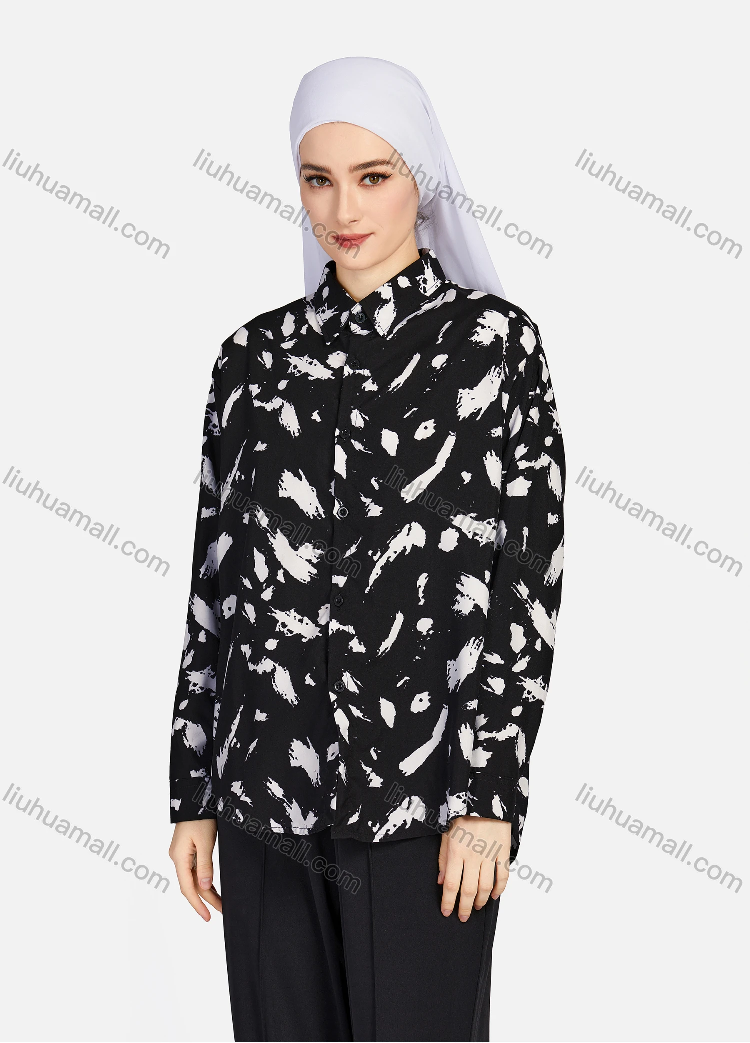 Wholesale Women's Casual Allover Ink Print Long Sleeve Curved Hem Button Down Shirt 1295# - Liuhuamall