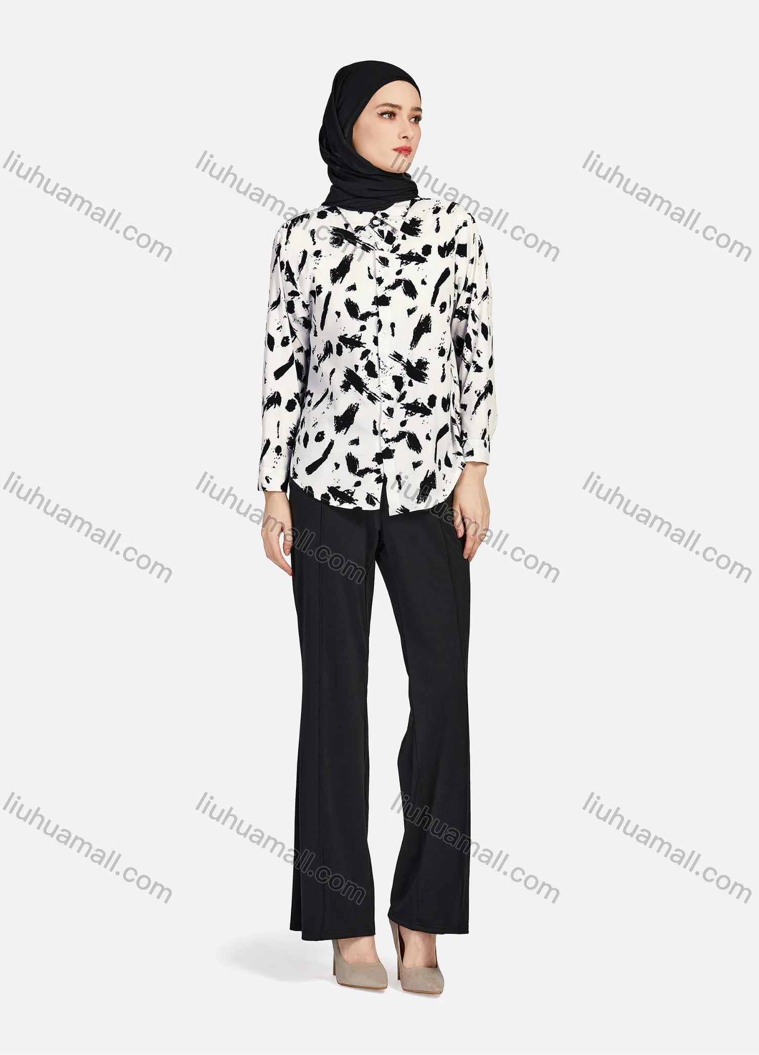 Wholesale Women's Casual Allover Ink Print Long Sleeve Curved Hem Button Down Shirt 1295# - Liuhuamall