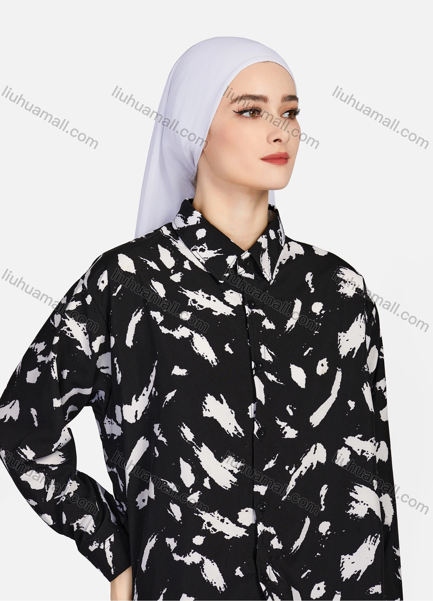 Wholesale Women's Casual Allover Ink Print Long Sleeve Curved Hem Button Down Shirt 1295# - Liuhuamall