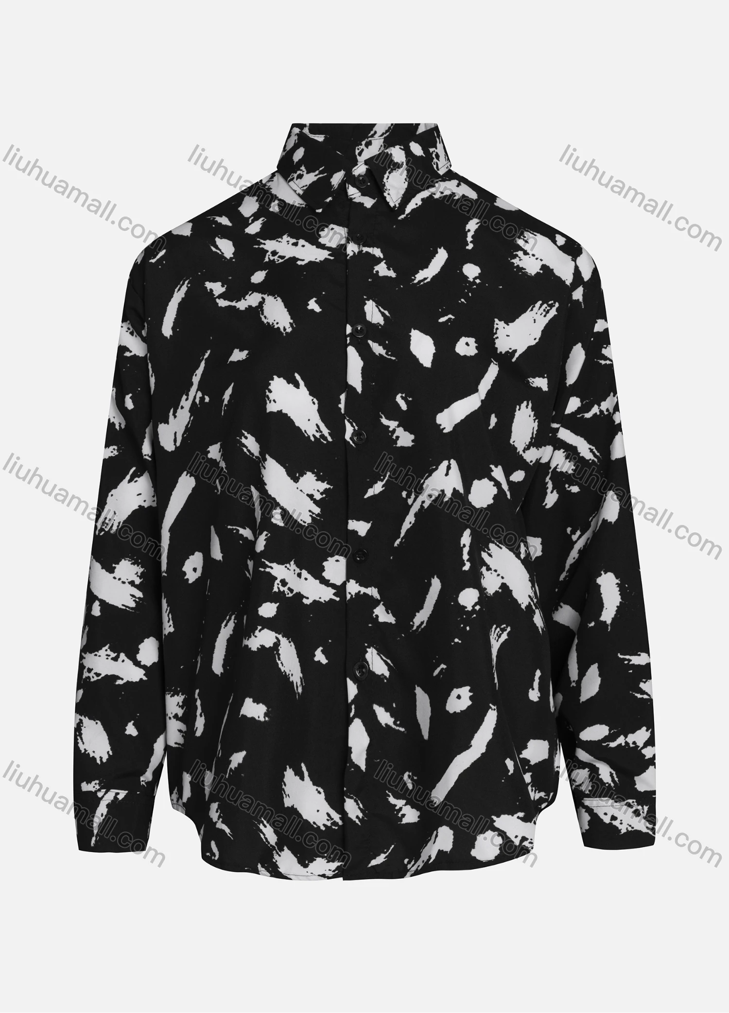 Wholesale Women's Casual Allover Ink Print Long Sleeve Curved Hem Button Down Shirt 1295# - Liuhuamall