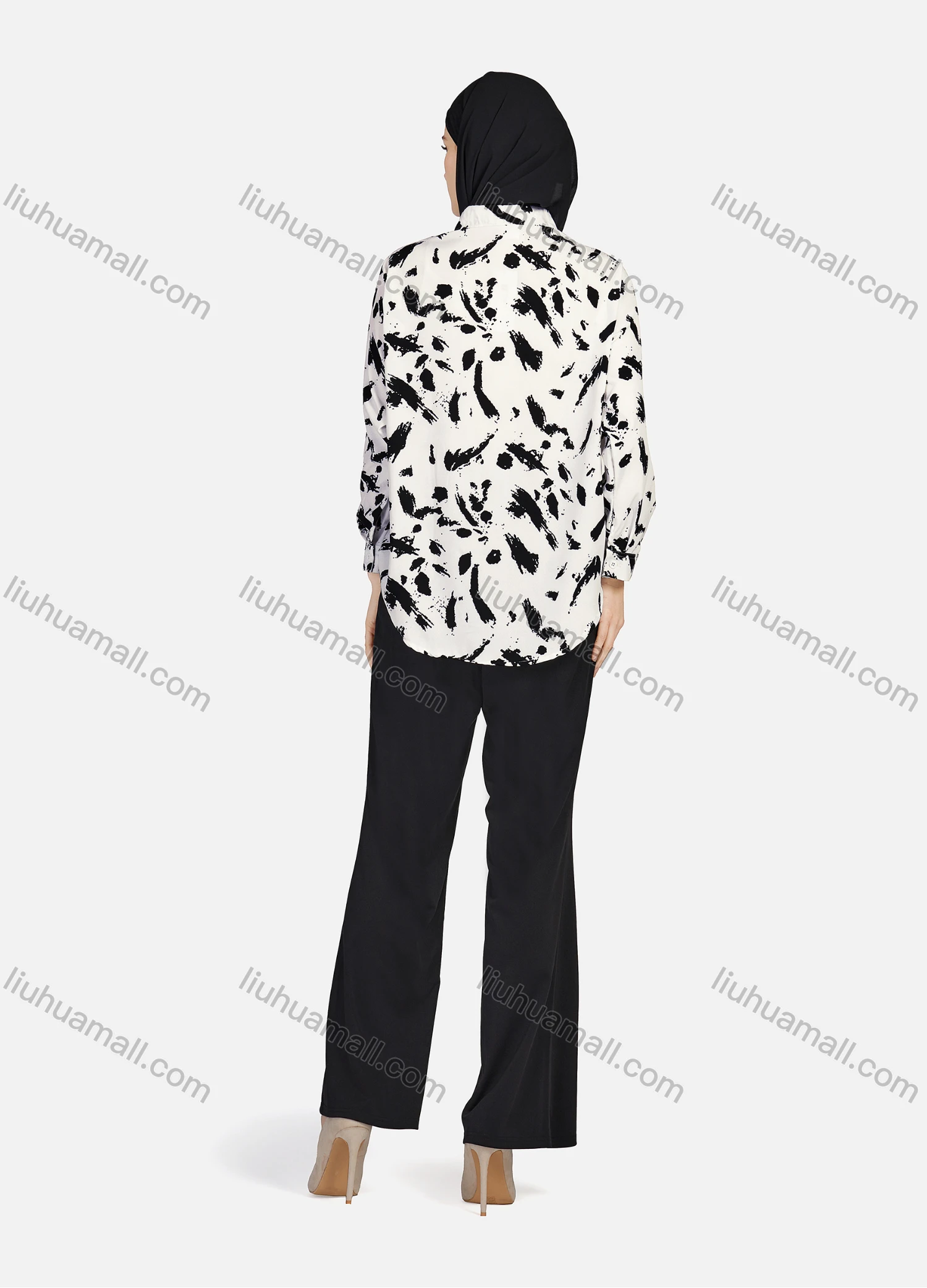 Wholesale Women's Casual Allover Ink Print Long Sleeve Curved Hem Button Down Shirt 1295# - Liuhuamall