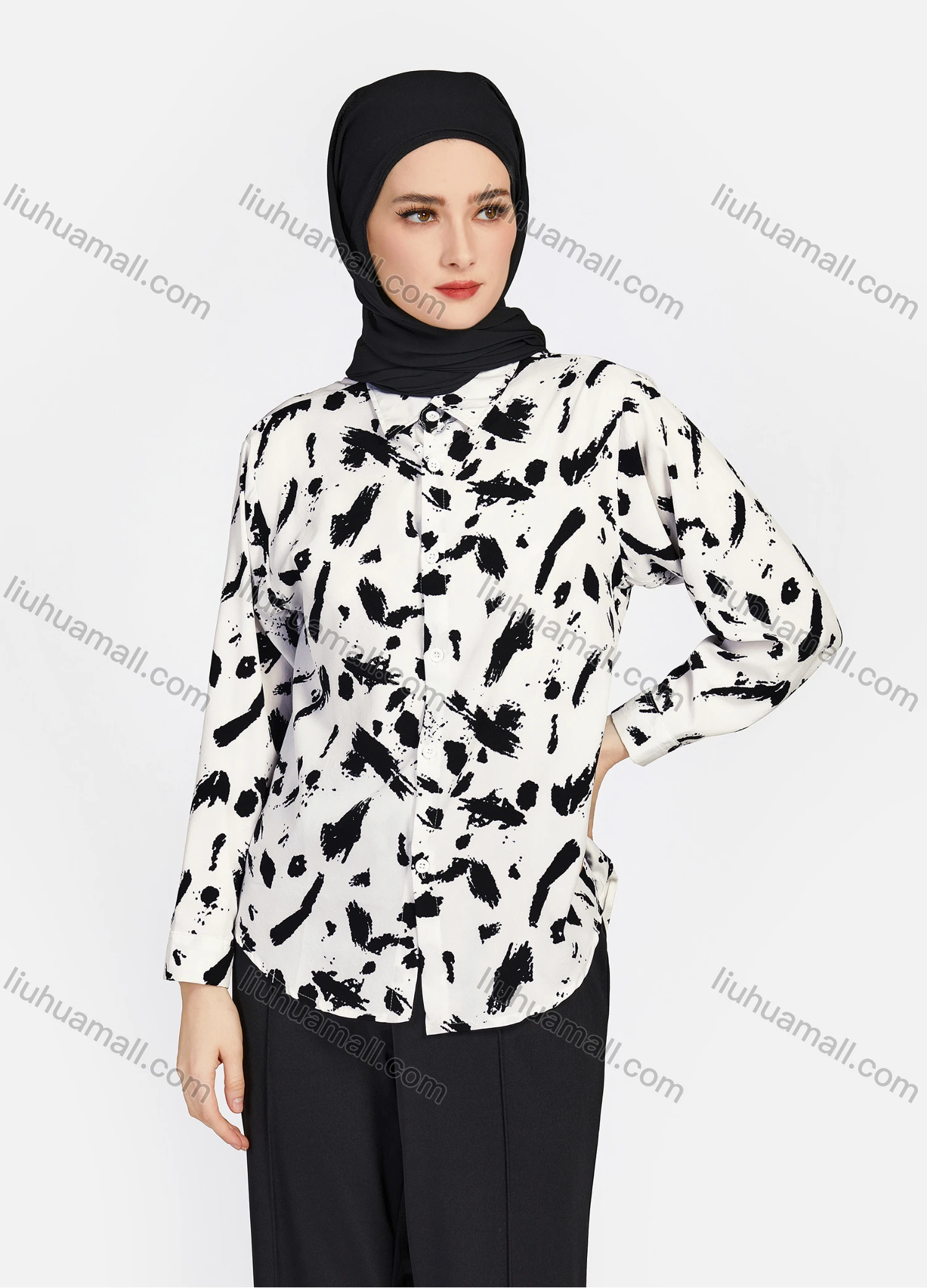 Wholesale Women's Casual Allover Ink Print Long Sleeve Curved Hem Button Down Shirt 1295# - Liuhuamall