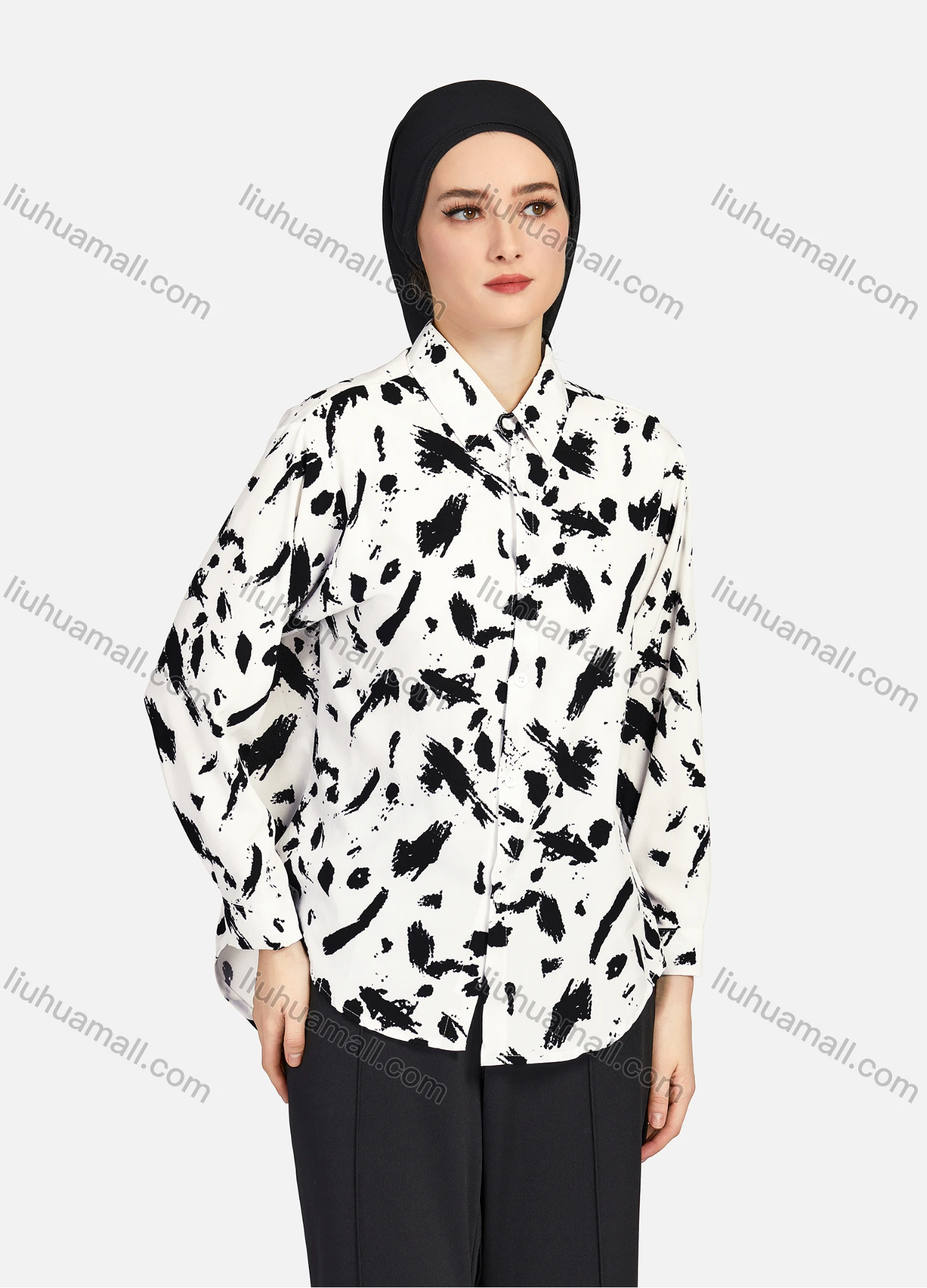 Wholesale Women's Casual Allover Ink Print Long Sleeve Curved Hem Button Down Shirt 1295# - Liuhuamall