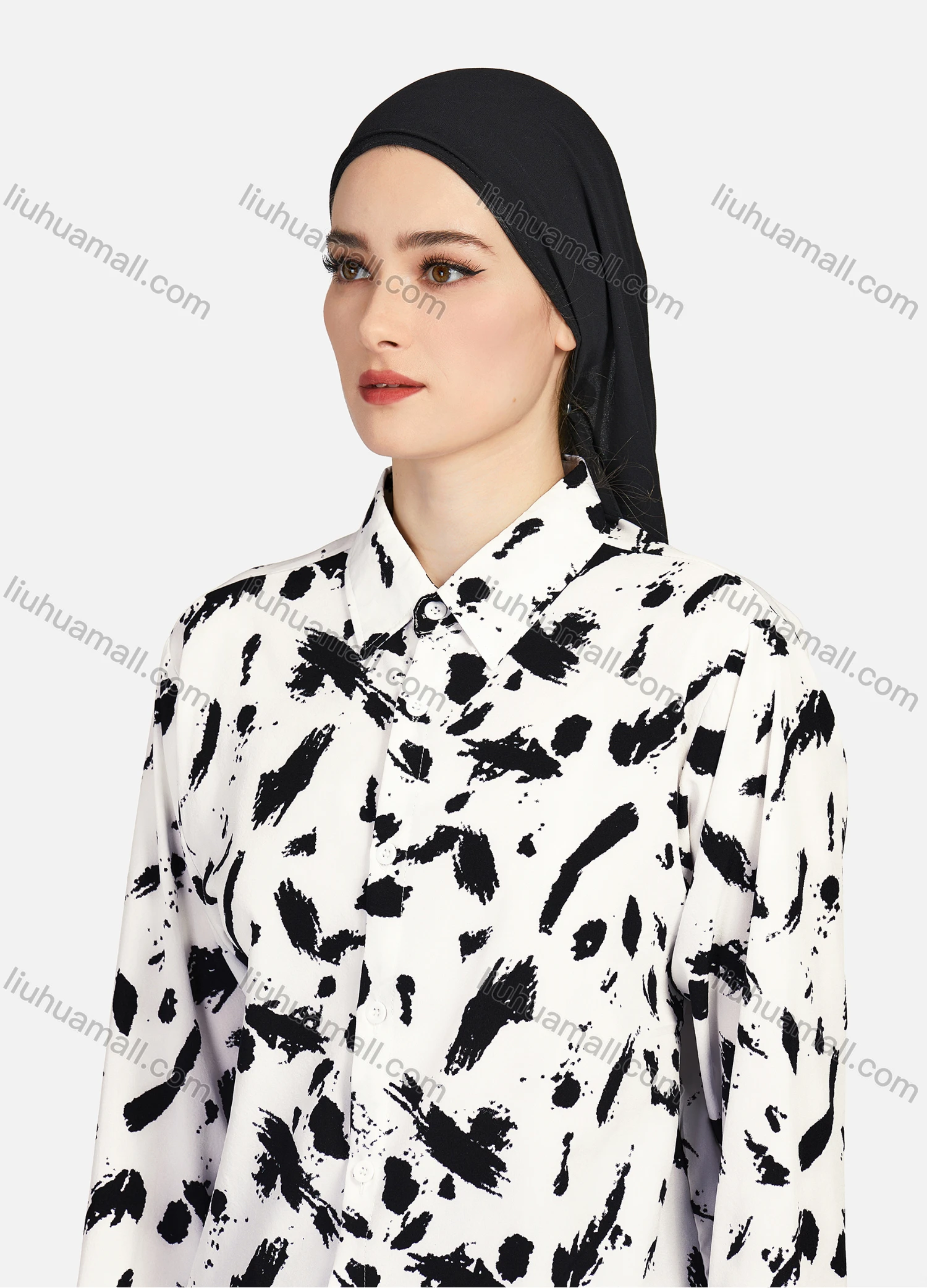 Wholesale Women's Casual Allover Ink Print Long Sleeve Curved Hem Button Down Shirt 1295# - Liuhuamall
