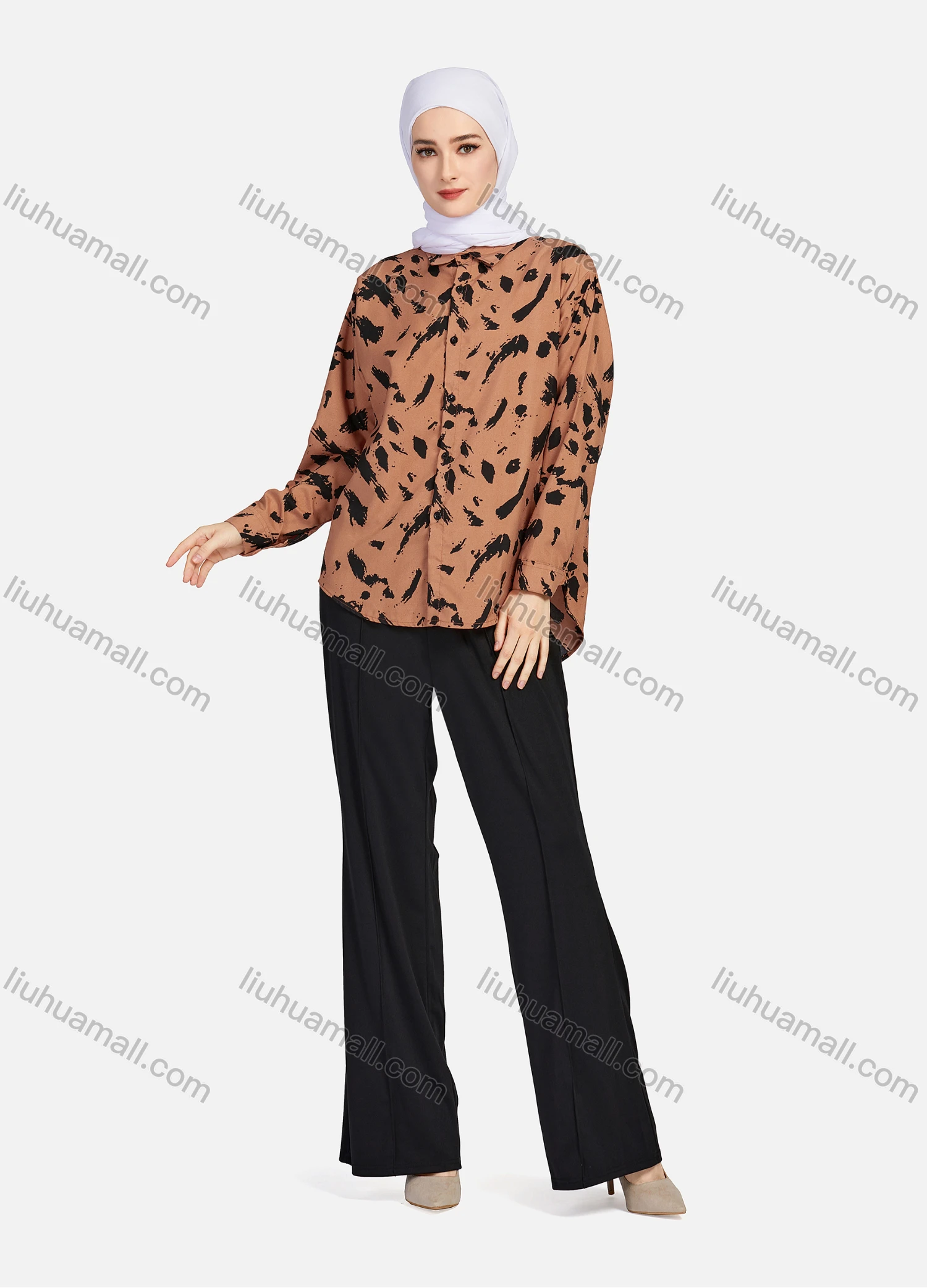 Wholesale Women's Casual Allover Ink Print Long Sleeve Curved Hem Button Down Shirt 1295# - Liuhuamall