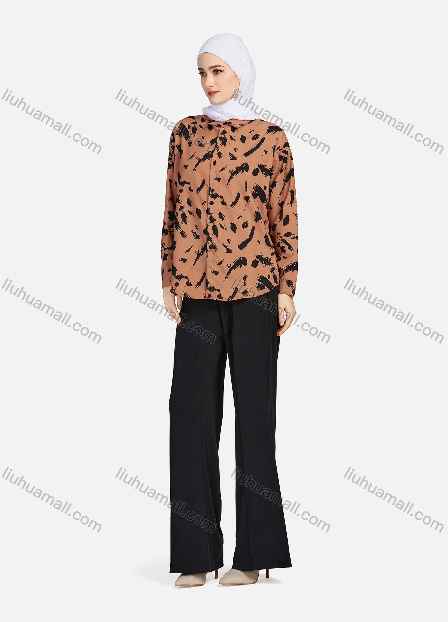 Wholesale Women's Casual Allover Ink Print Long Sleeve Curved Hem Button Down Shirt 1295# - Liuhuamall