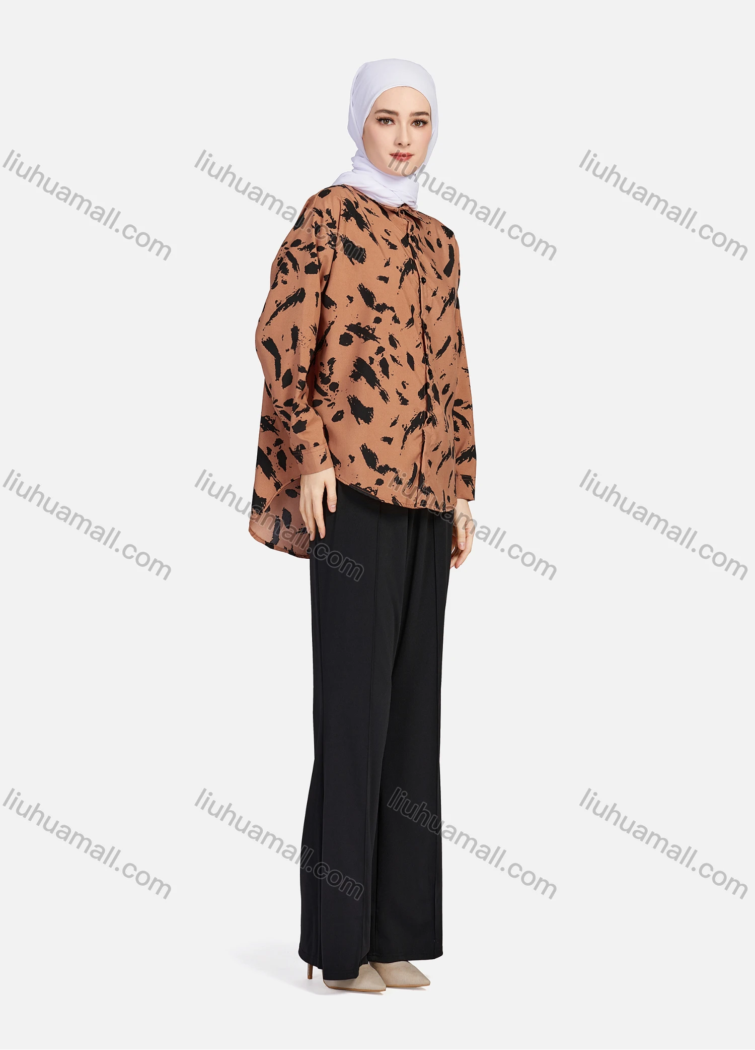 Wholesale Women's Casual Allover Ink Print Long Sleeve Curved Hem Button Down Shirt 1295# - Liuhuamall