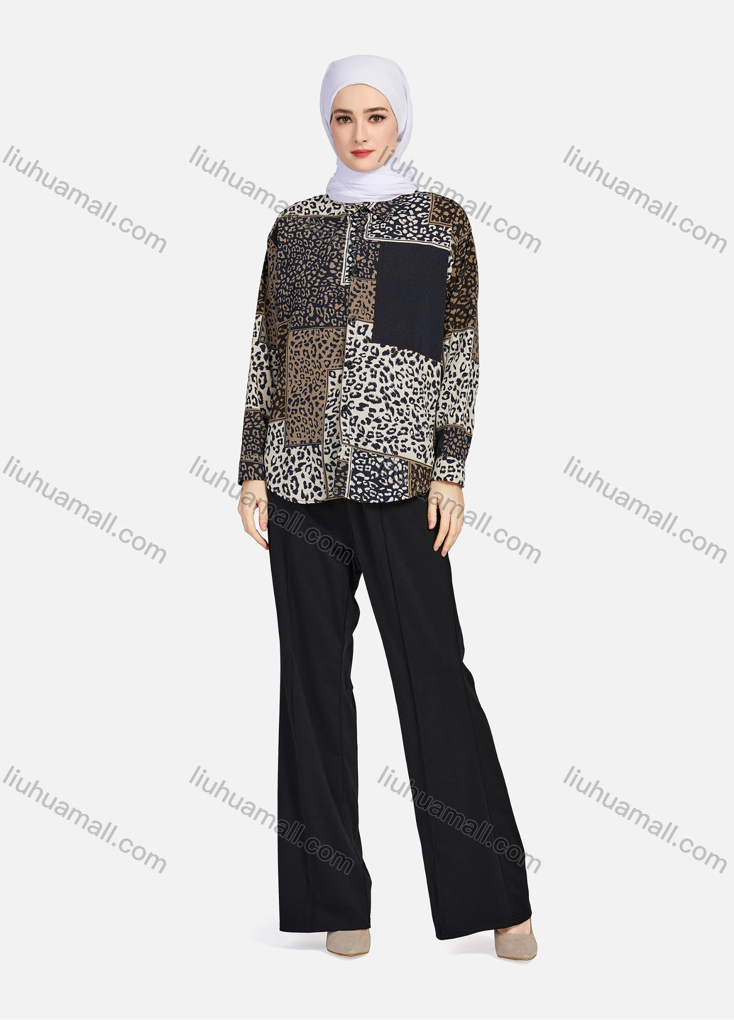 Wholesale Women's Casual Allover Leopard Print Colorblock Long Sleeve Curved Hem Shirt 1296# - Liuhuamall