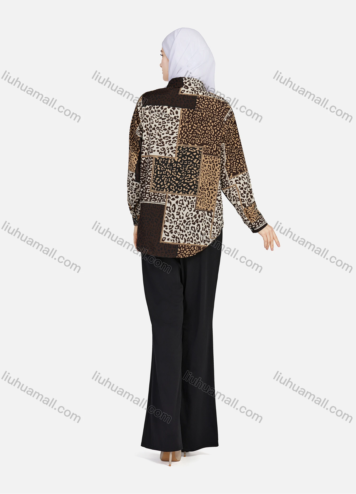 Wholesale Women's Casual Allover Leopard Print Colorblock Long Sleeve Curved Hem Shirt 1296# - Liuhuamall