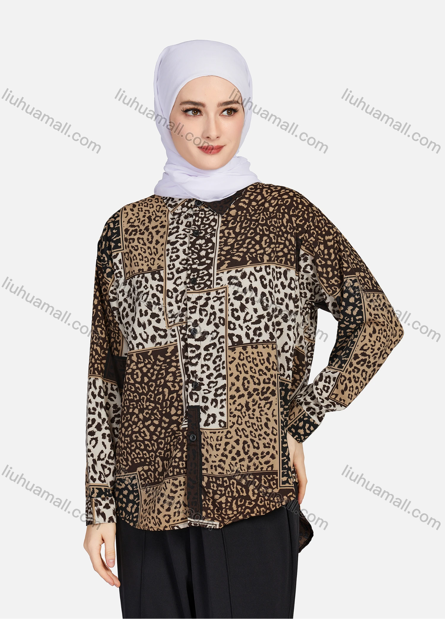 Wholesale Women's Casual Allover Leopard Print Colorblock Long Sleeve Curved Hem Shirt 1296# - Liuhuamall