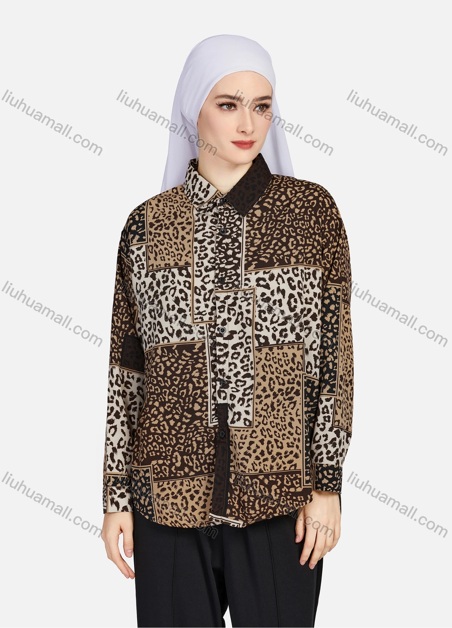 Wholesale Women's Casual Allover Leopard Print Colorblock Long Sleeve Curved Hem Shirt 1296# - Liuhuamall