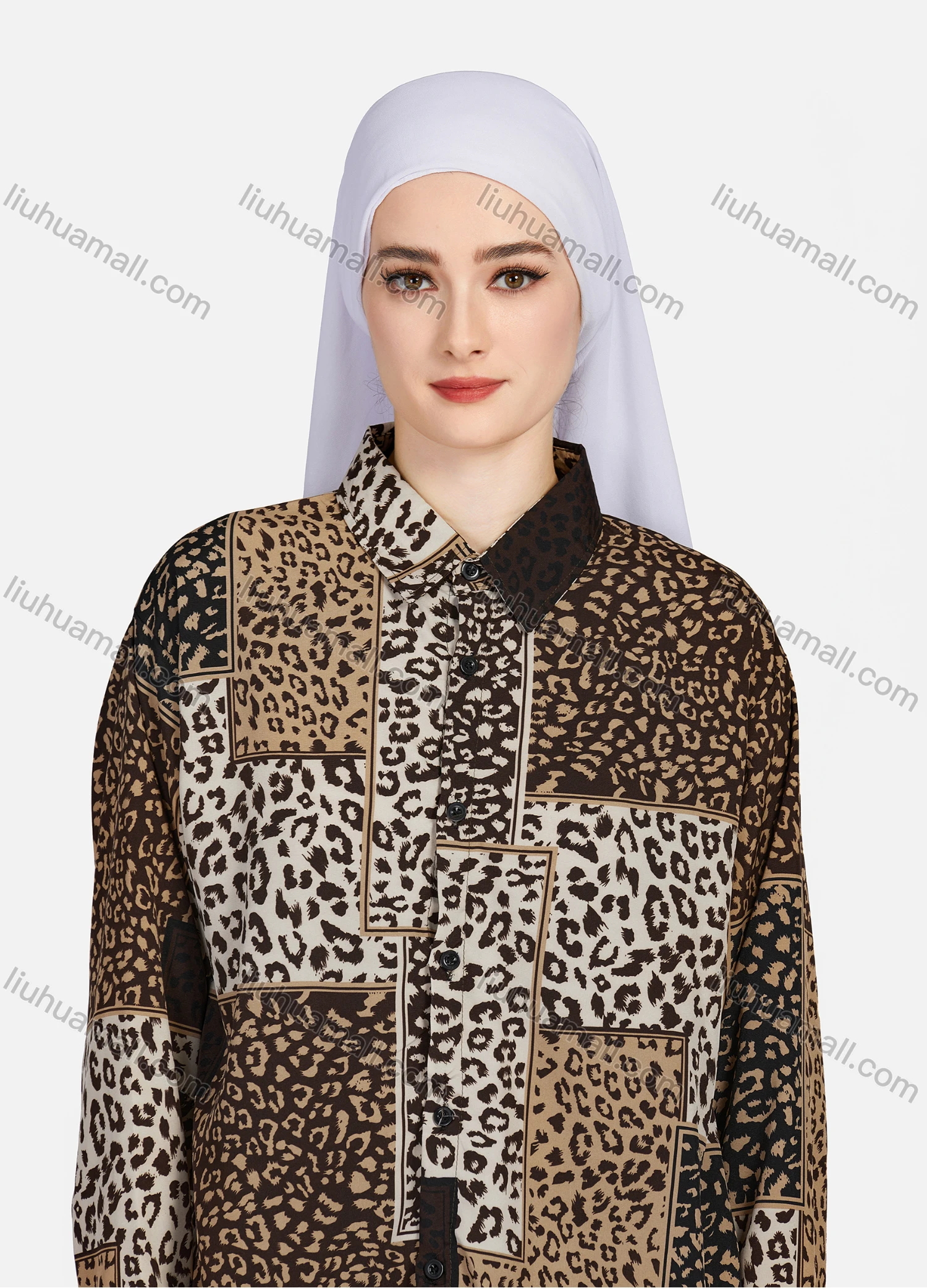 Wholesale Women's Casual Allover Leopard Print Colorblock Long Sleeve Curved Hem Shirt 1296# - Liuhuamall