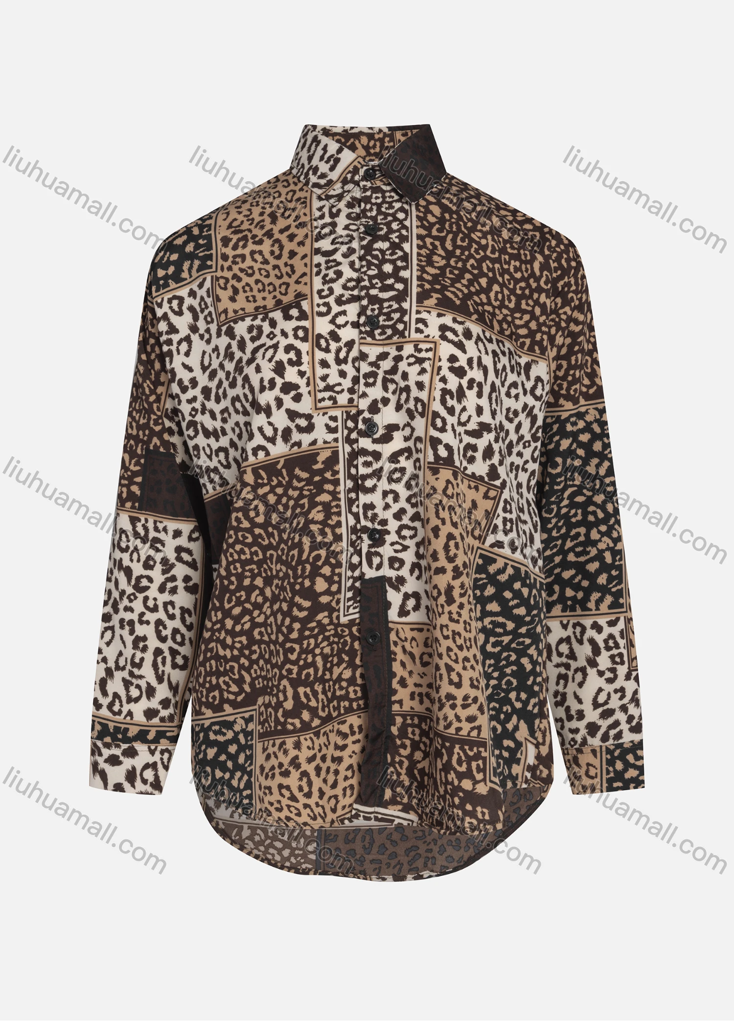Wholesale Women's Casual Allover Leopard Print Colorblock Long Sleeve Curved Hem Shirt 1296# - Liuhuamall