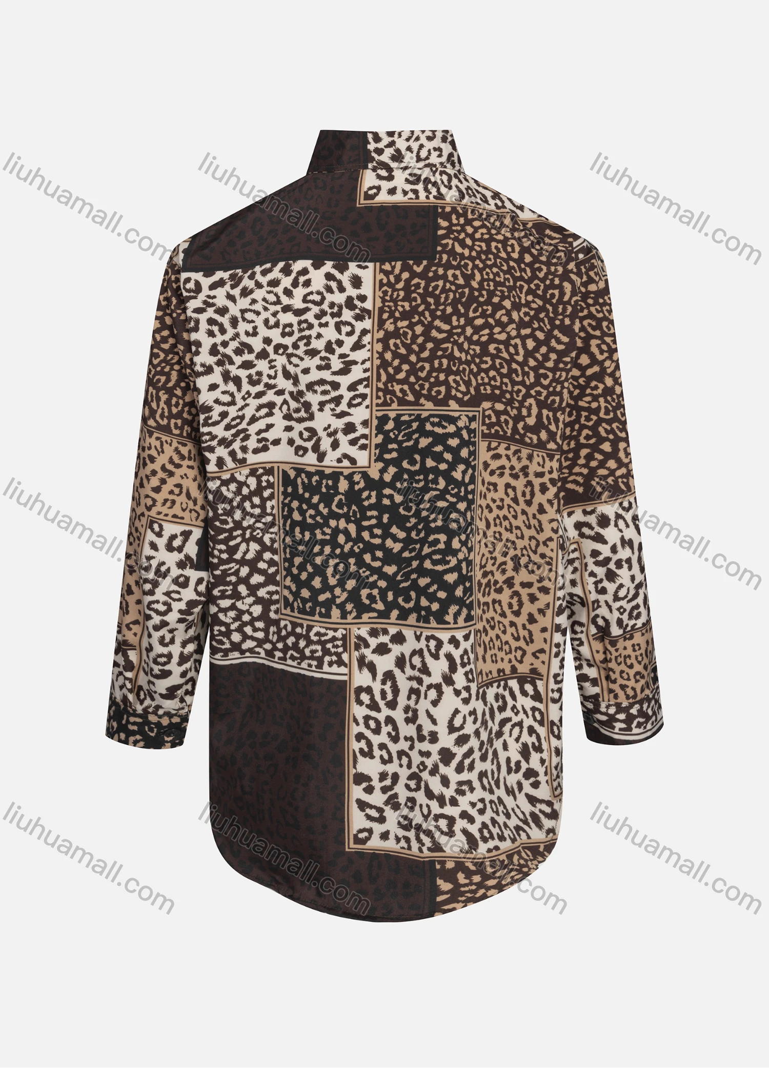 Wholesale Women's Casual Allover Leopard Print Colorblock Long Sleeve Curved Hem Shirt 1296# - Liuhuamall