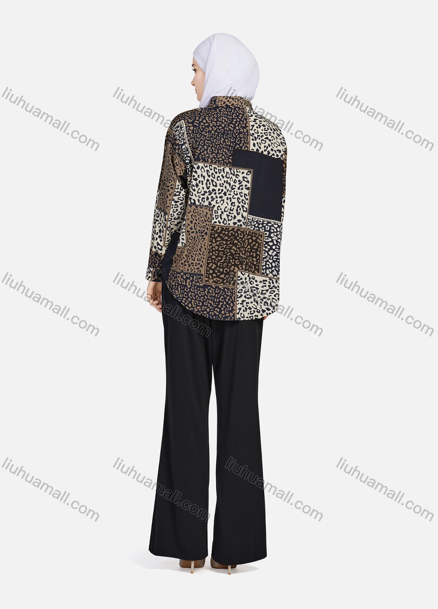 Wholesale Women's Casual Allover Leopard Print Colorblock Long Sleeve Curved Hem Shirt 1296# - Liuhuamall