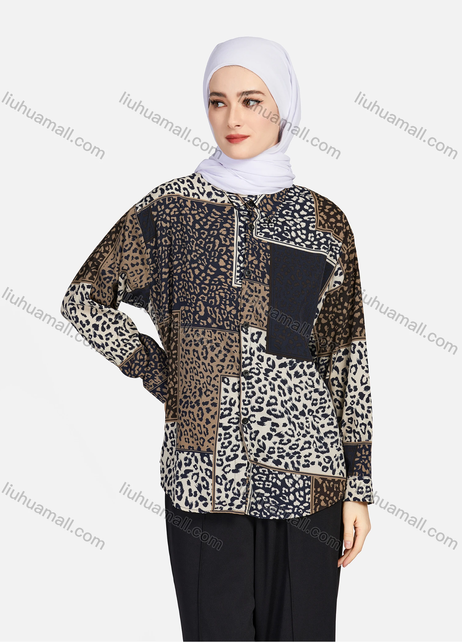 Wholesale Women's Casual Allover Leopard Print Colorblock Long Sleeve Curved Hem Shirt 1296# - Liuhuamall