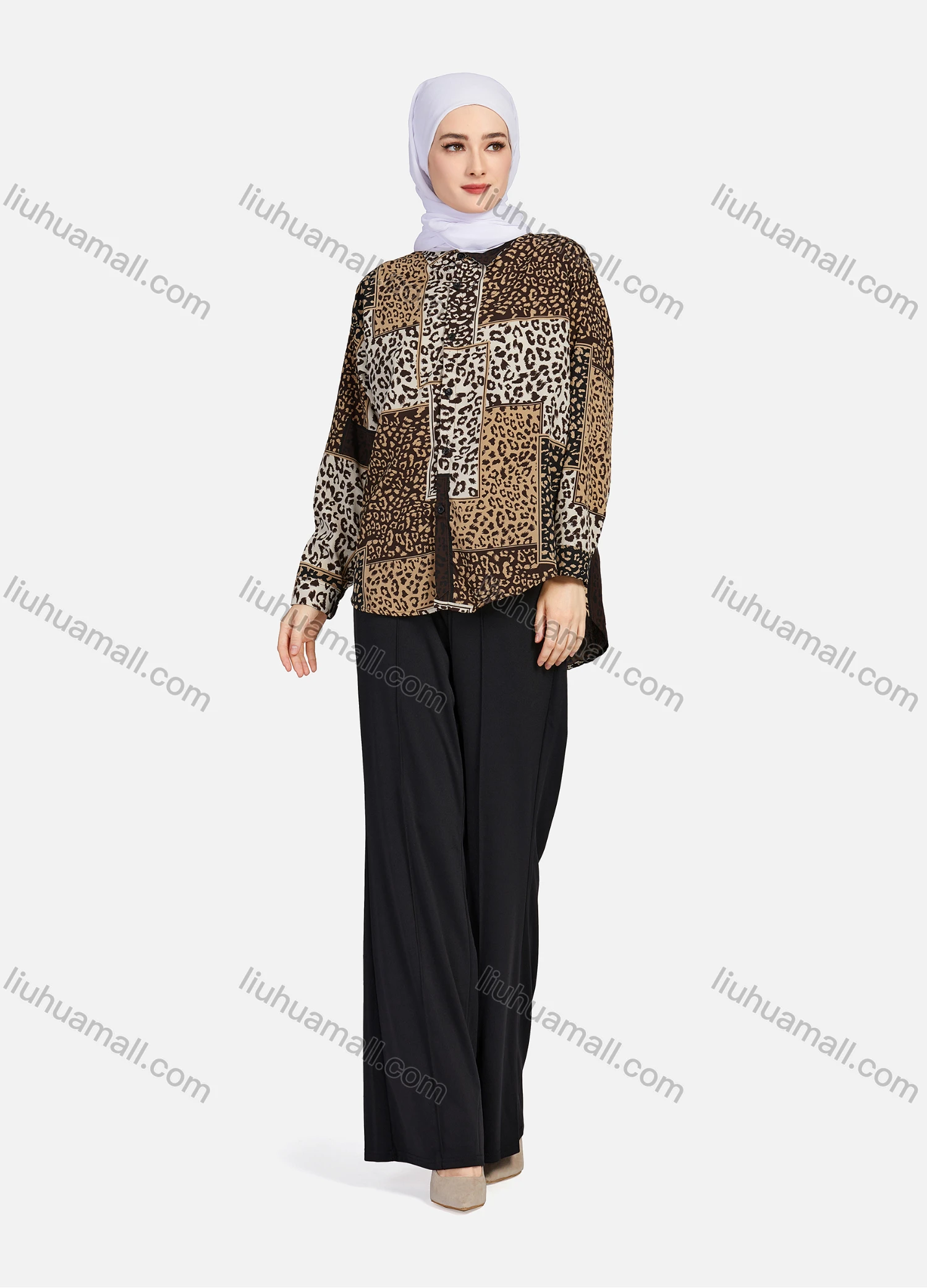 Wholesale Women's Casual Allover Leopard Print Colorblock Long Sleeve Curved Hem Shirt 1296# - Liuhuamall