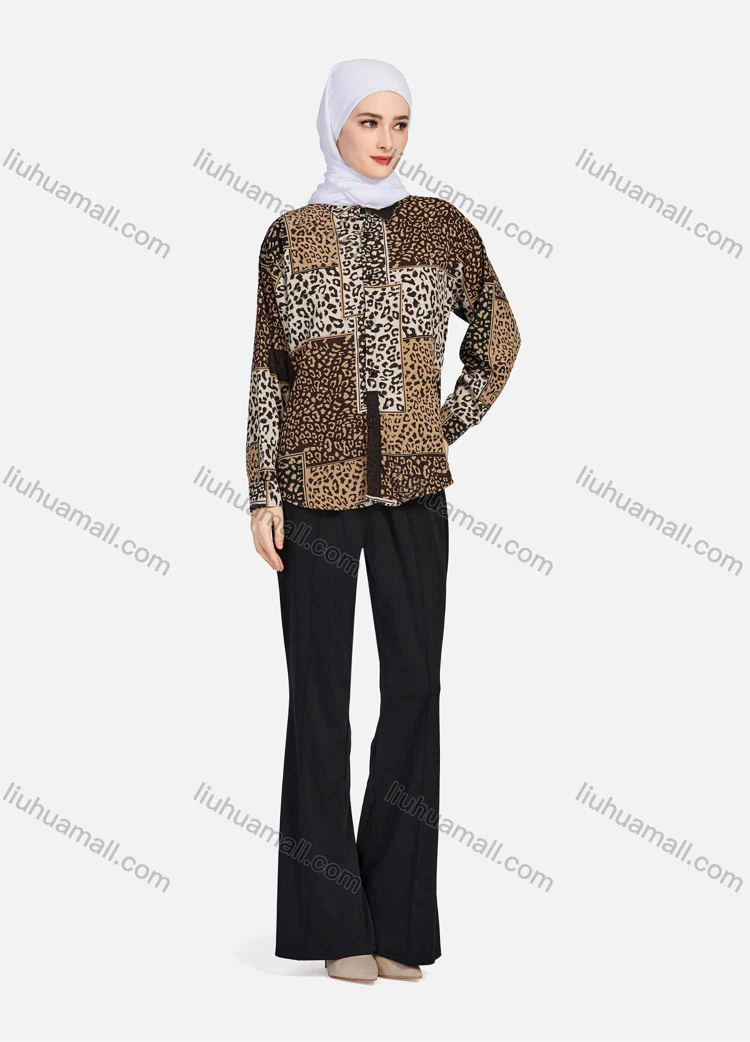 Wholesale Women's Casual Allover Leopard Print Colorblock Long Sleeve Curved Hem Shirt 1296# - Liuhuamall